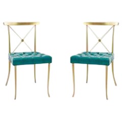 Pair of Billy Haines Brass Neoclassical Side Chairs 'Original Turquoise Leather'