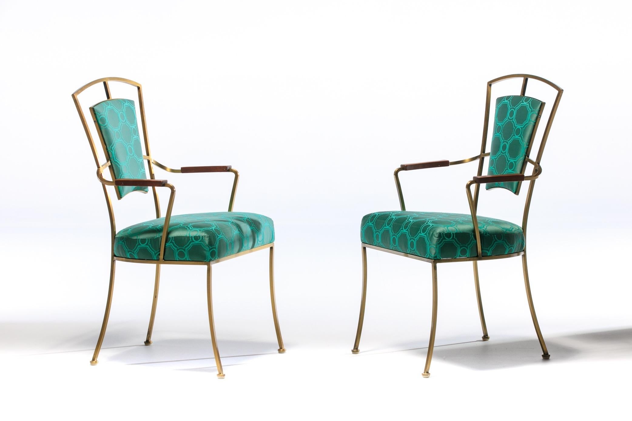 Brass Pair of Billy Haines Style Hollywood Regency Armchairs in Tony Duquette Fabric For Sale