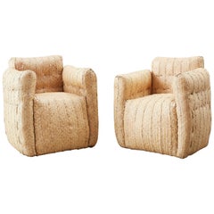 Pair of Biomorphic Organic Modern Woven Rattan Armchairs