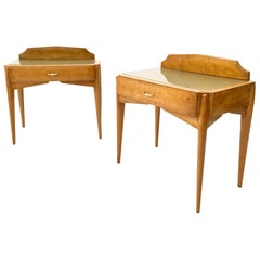 Pair of Birch and Beech Nightstands with a Glass Top, Italy, 1950s