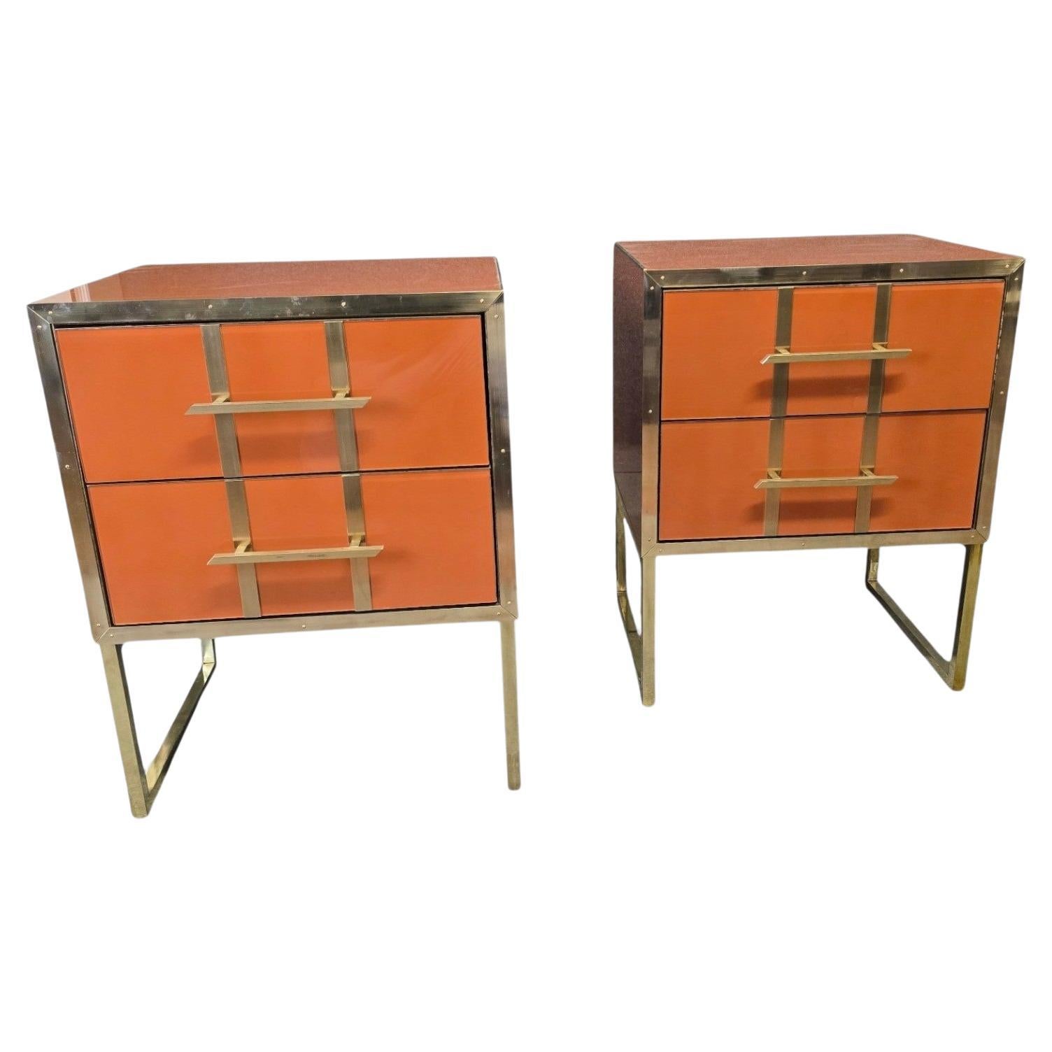 Pair of Birch Bedside Tables, Mirror Glass & Brass, 1950s Style