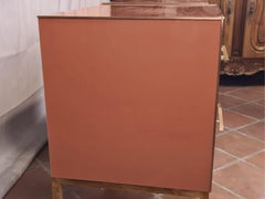 Pair of Birch Bedside Tables, Red Beige Mirror Glass & Brass Insert, 1950s Style