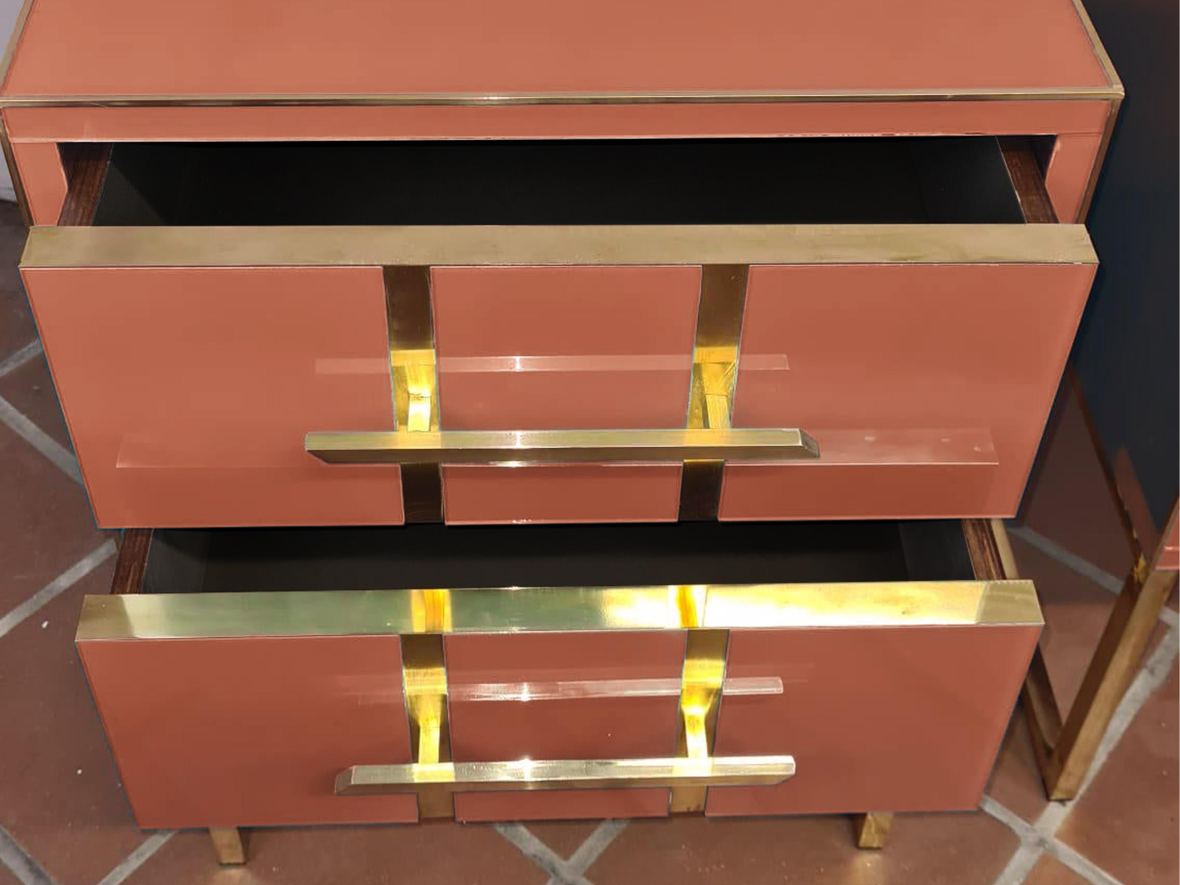 Italian Pair of Birch Bedside Tables, Red Beige Mirror Glass & Brass Insert, 1950s Style For Sale