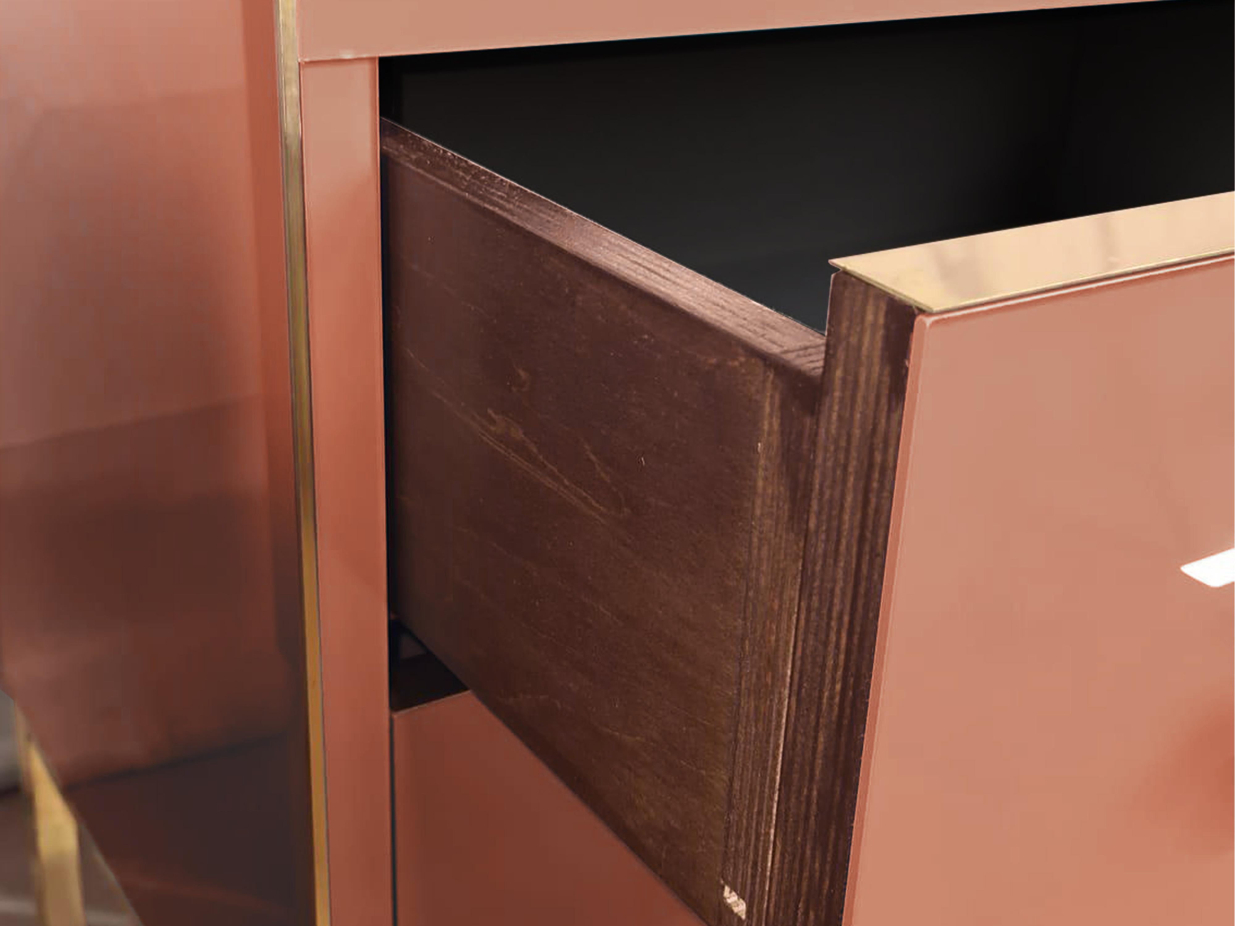 Hand-Carved Pair of Birch Bedside Tables, Red Beige Mirror Glass & Brass Insert, 1950s Style For Sale