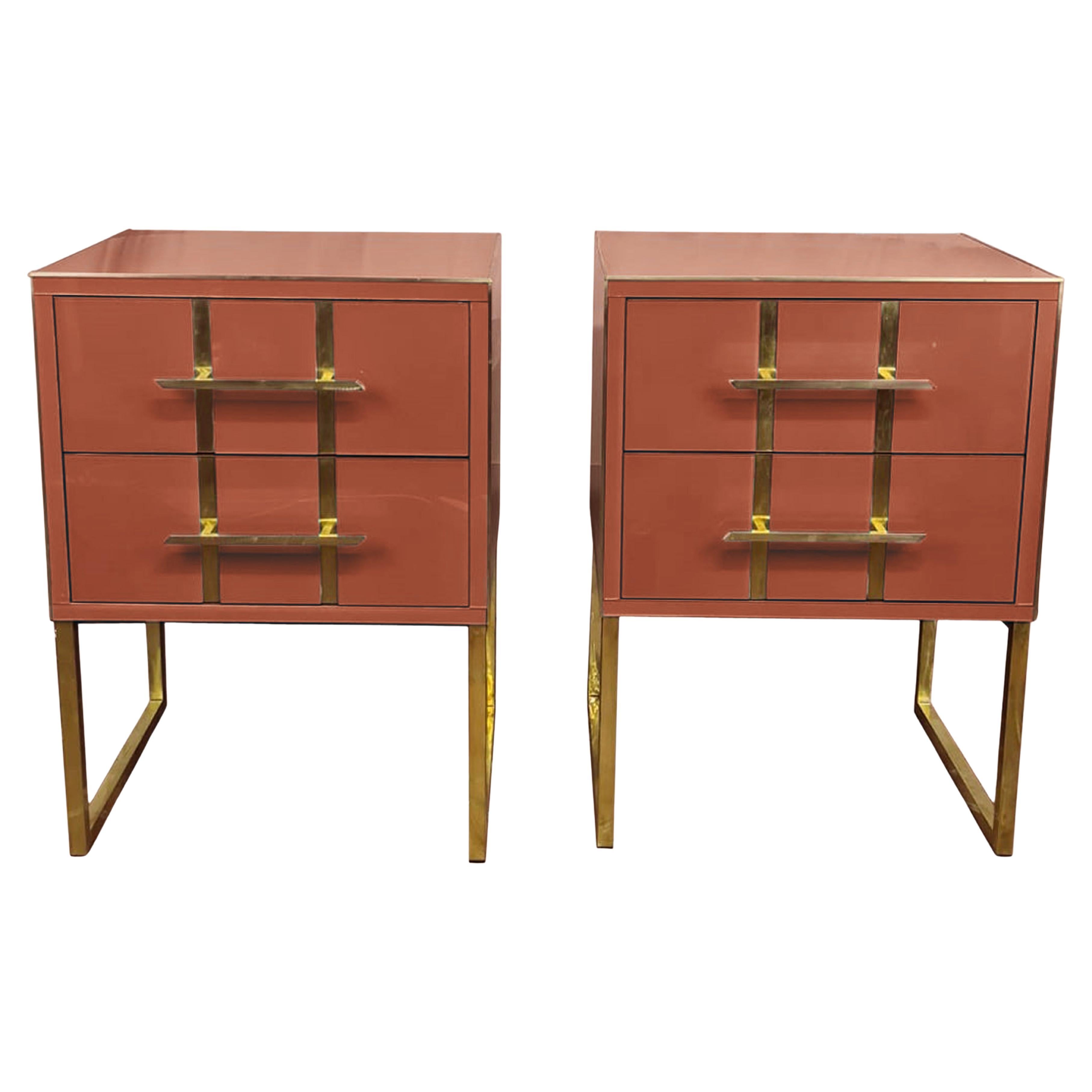Pair of Birch Bedside Tables, Red Beige Mirror Glass & Brass Insert, 1950s Style