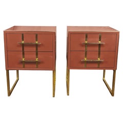 Pair of Birch Bedside Tables, Red Beige Mirror Glass & Brass Insert, 1950s Style