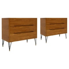Pair of Birch Wood Three Drawers and Brass Details Italian Sideboards