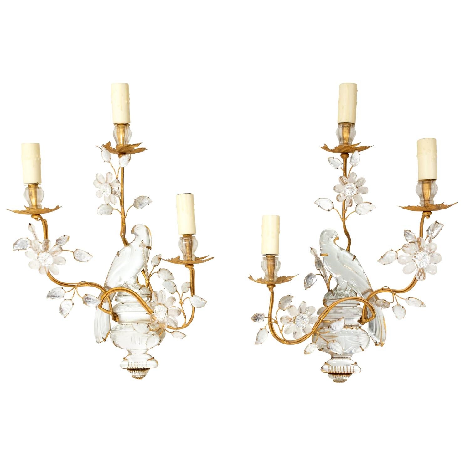 Pair of Bird and Urn Form Crystal Sconces