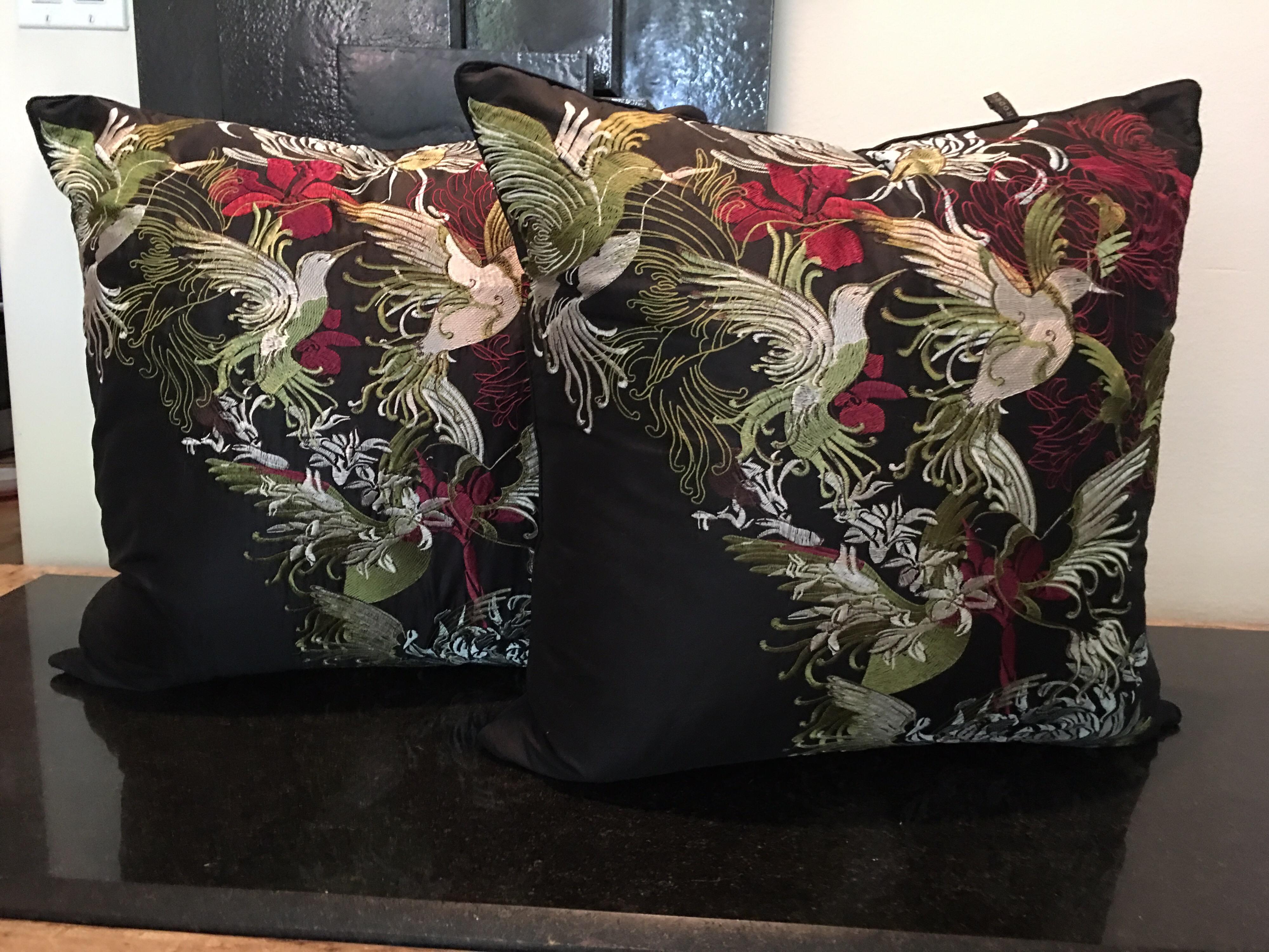Pair of Bird Embroidered Luxe Throw Pillows by Rodeo Home Beverly Hills In Excellent Condition In Palm Springs, CA