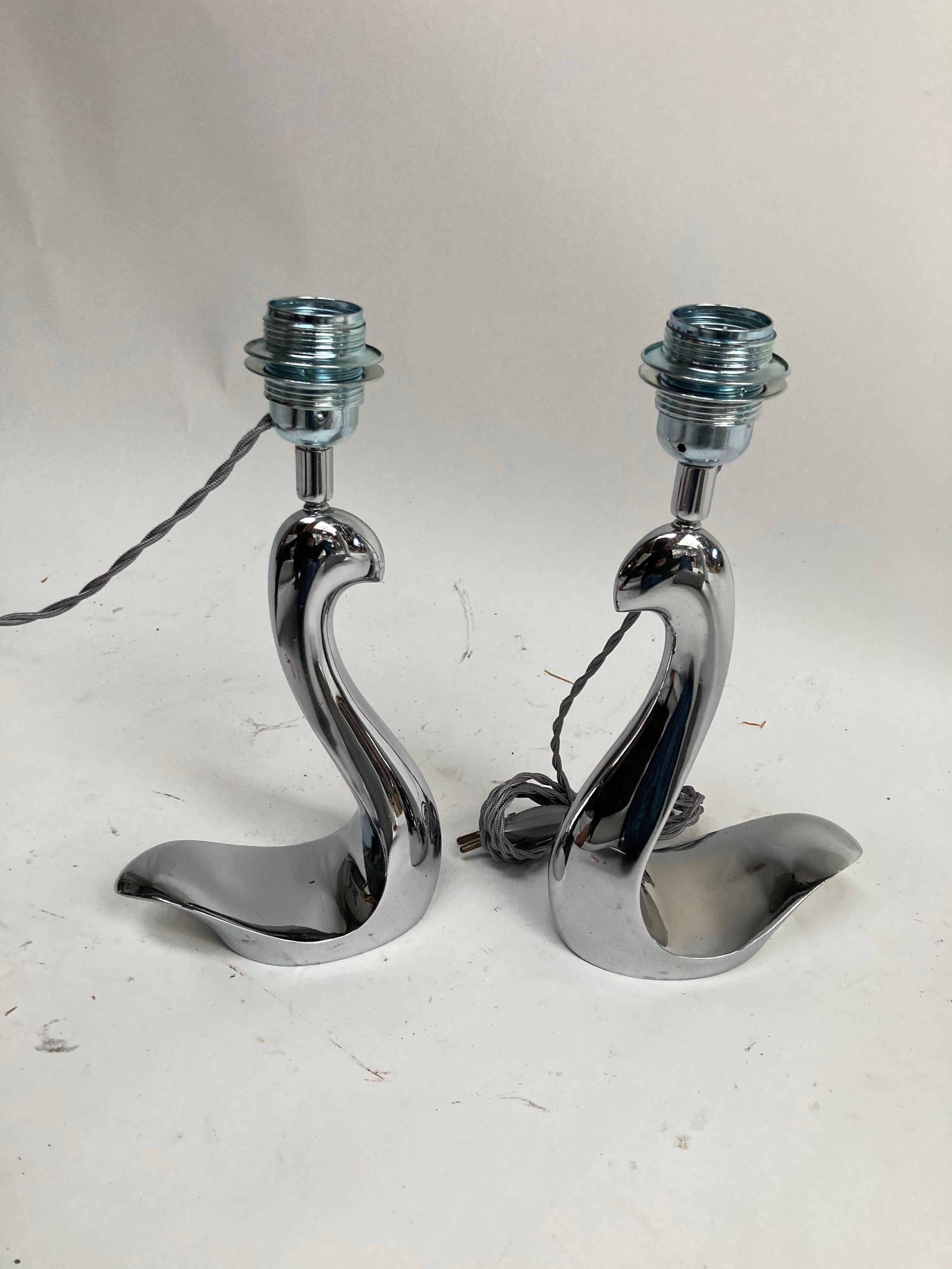 Pair of 1960's chromed bronze lamps 
Signed and numbered 
France
Dimensions given without shade
No shade included.