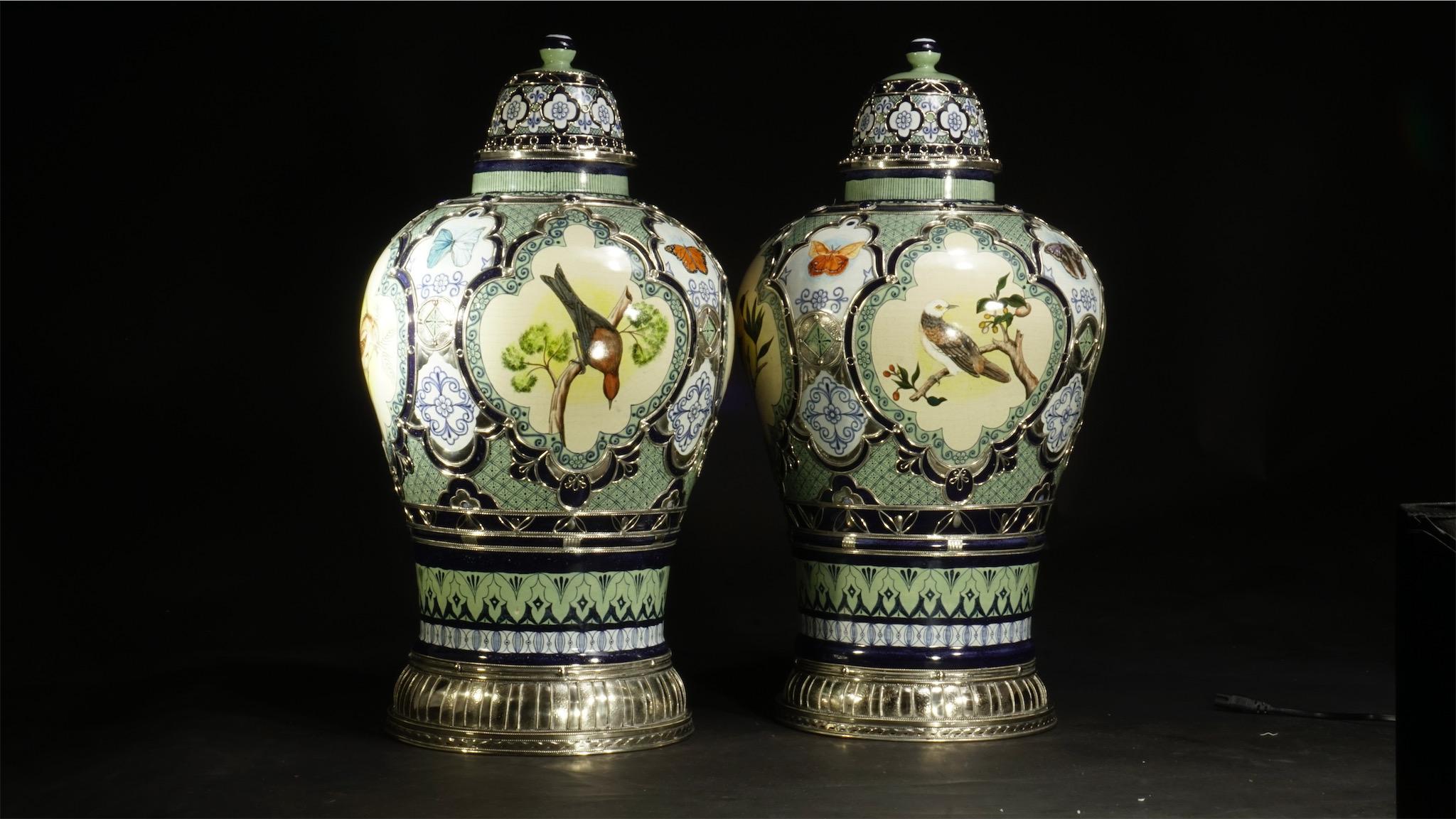 Other Pair of Birds and Butterflies Jars, Ceramic and White Metal 'Alpaca'
