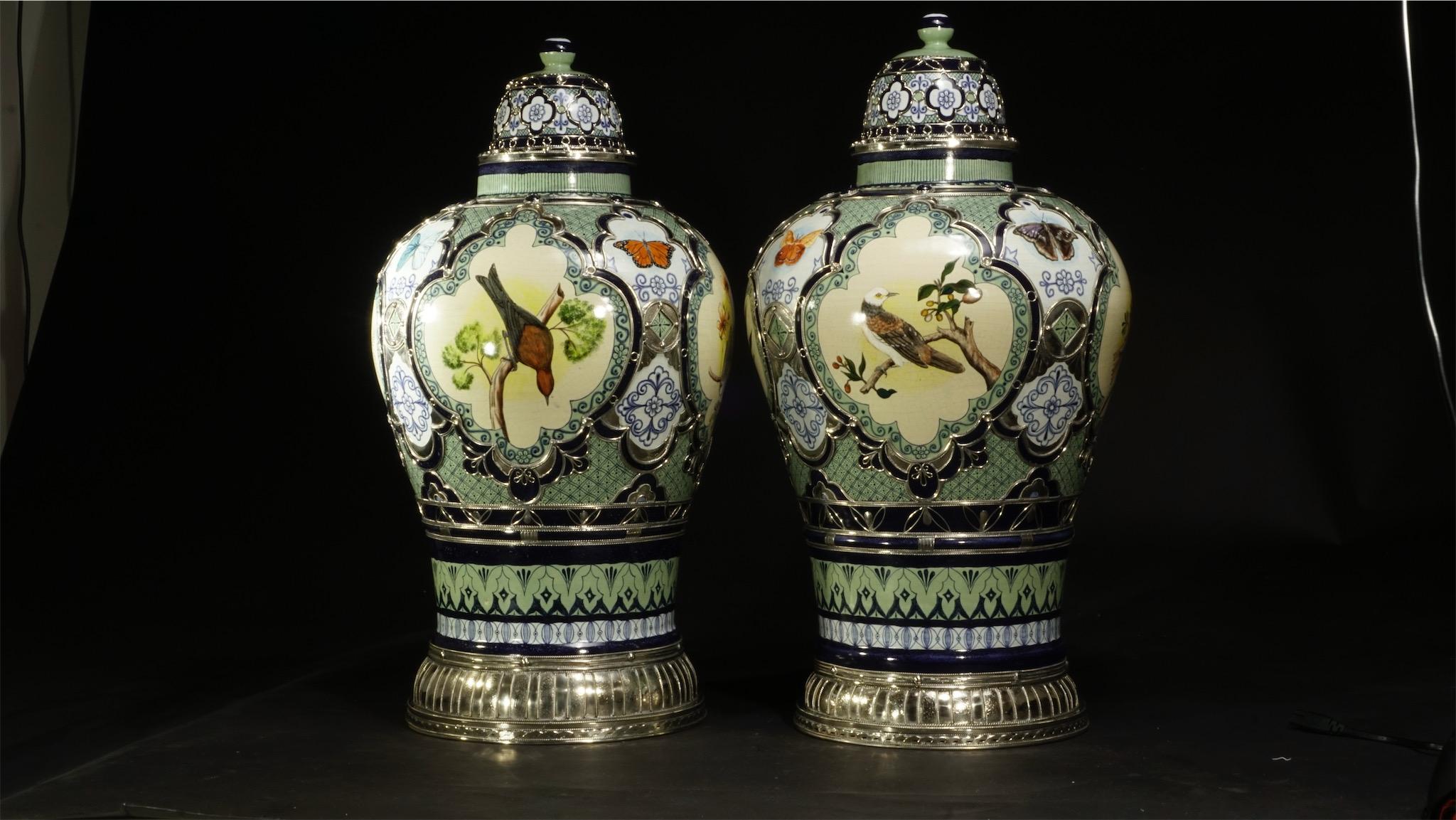 Mexican Pair of Birds and Butterflies Jars, Ceramic and White Metal 'Alpaca'