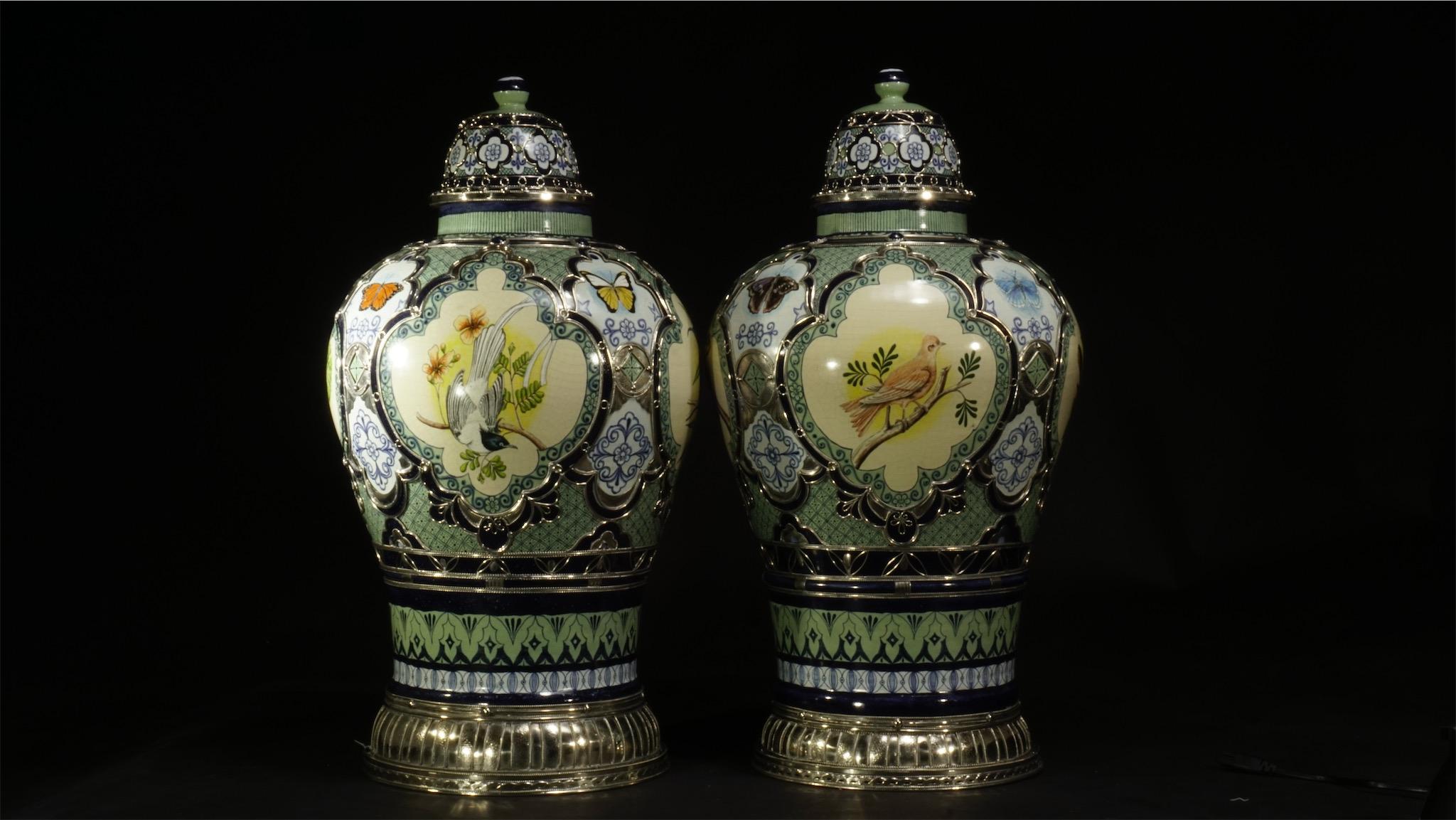 Glazed Pair of Birds and Butterflies Jars, Ceramic and White Metal 'Alpaca'