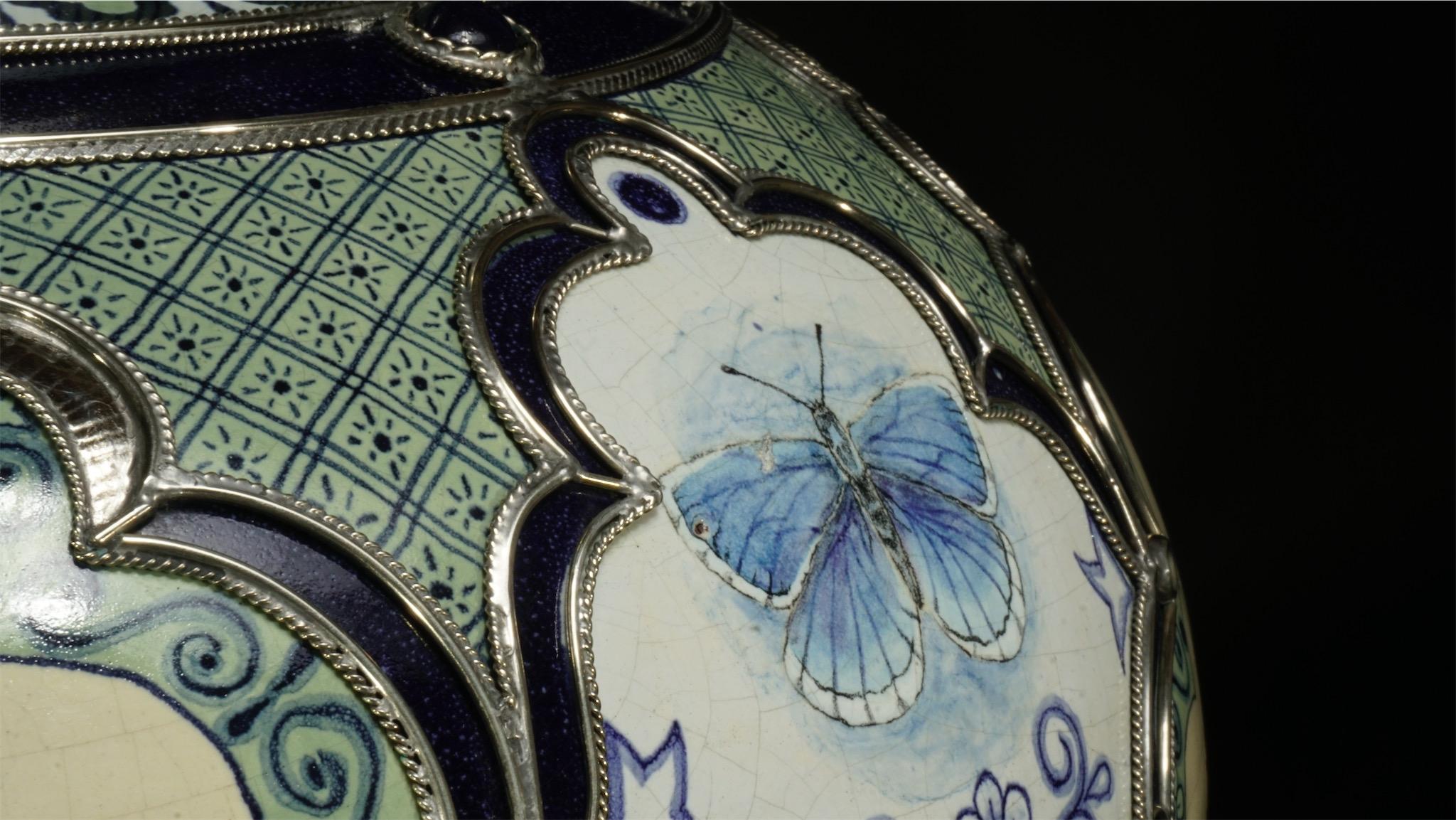 Pair of Birds and Butterflies Jars, Ceramic and White Metal 'Alpaca' 1