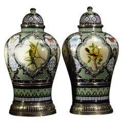 Pair of Birds and Butterflies Jars, Ceramic and White Metal 'Alpaca'