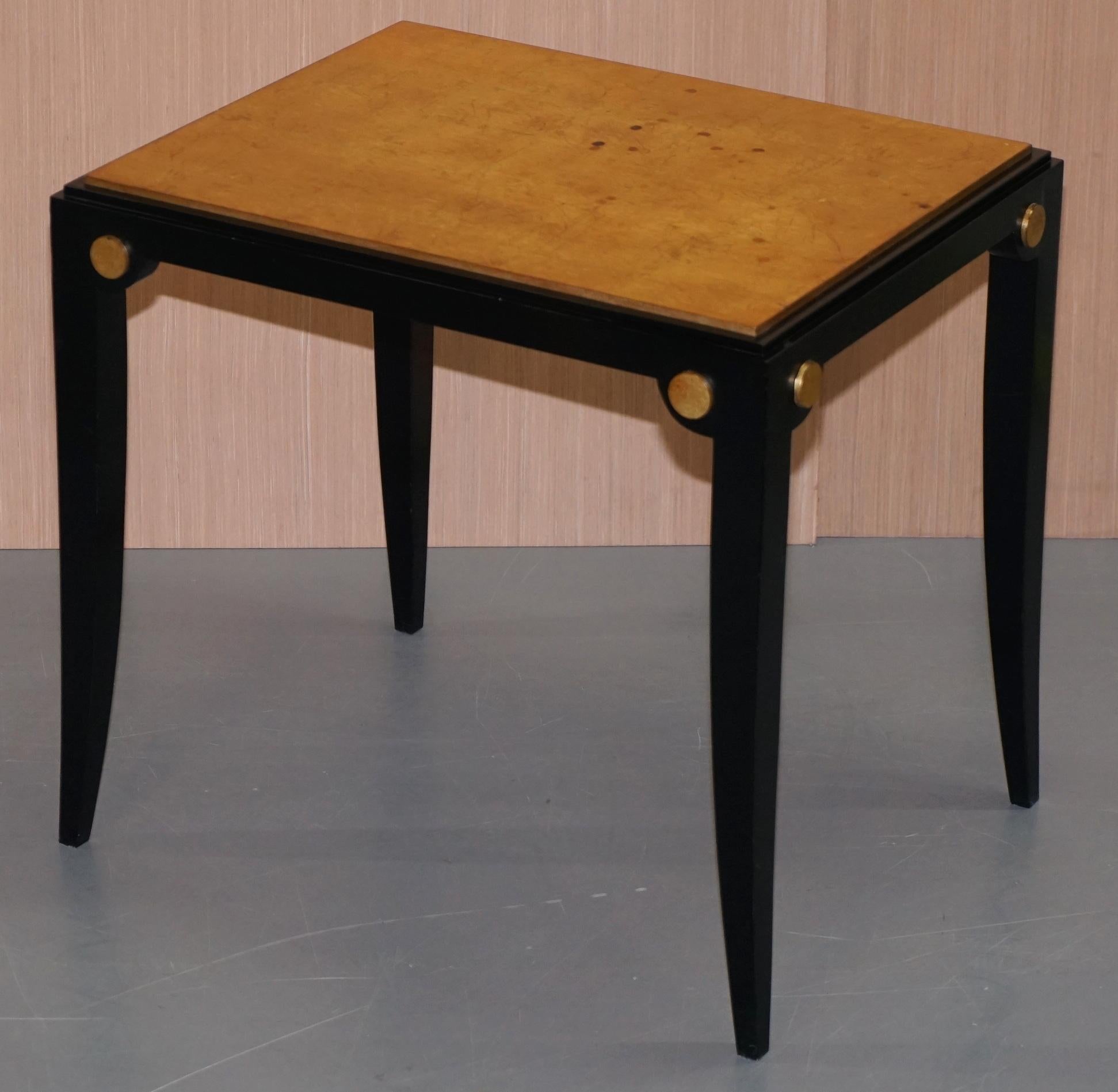 We are delighted to offer this pair of sublime bird's-eye maple ebonized side tables with gold leaf painted tops

These tables came from a client of mine who has recently sold one of their Chelsea homes, they had the house set up approximately 20