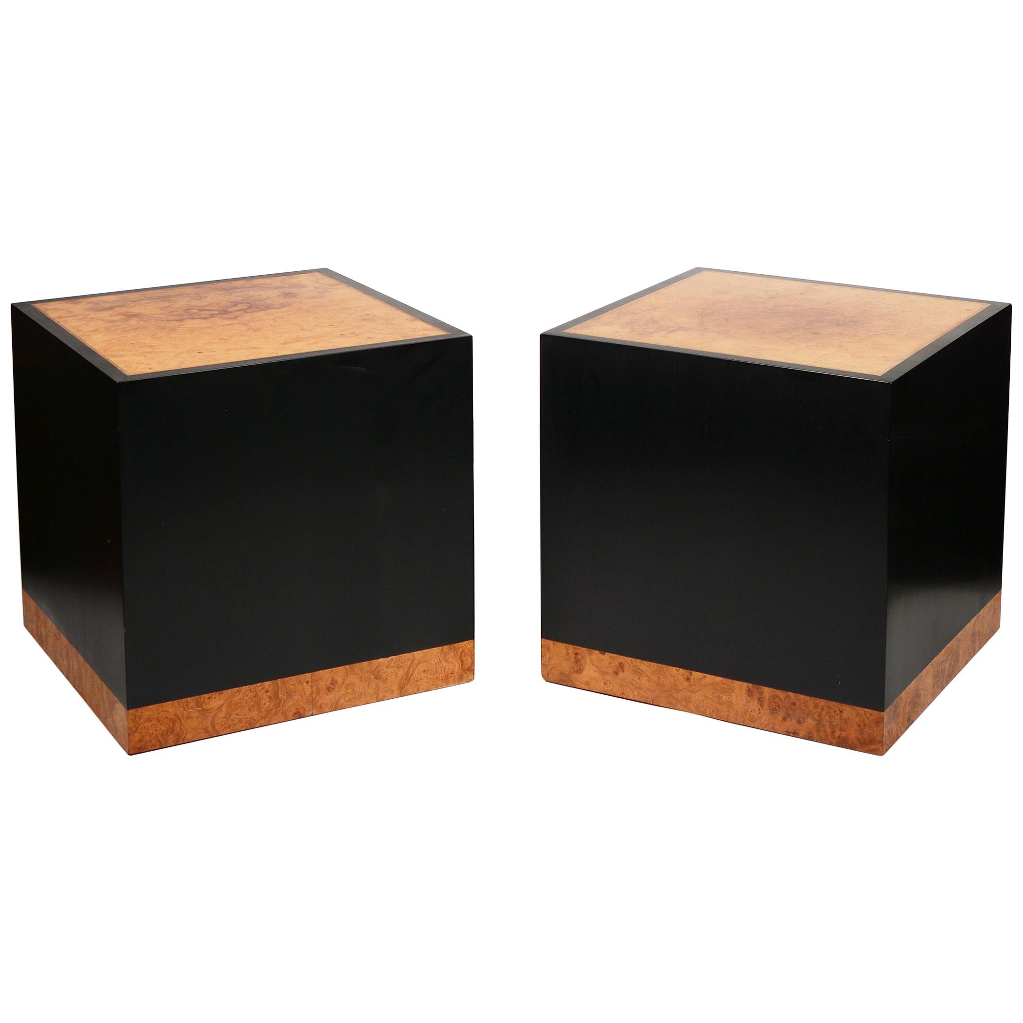 Pair of Birdseye Maple Burl and Resin Cube Side Tables by Edward Wormley