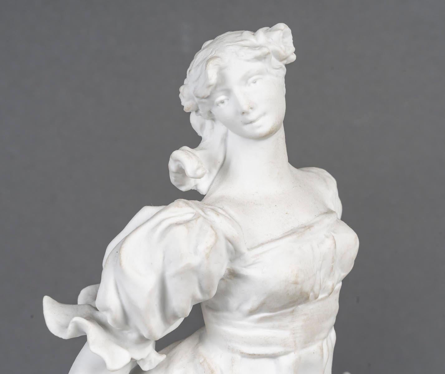 Art Nouveau Pair of Biscuit Sculptures, 1900, on an Attractive Gilded Carved Wood Base. For Sale