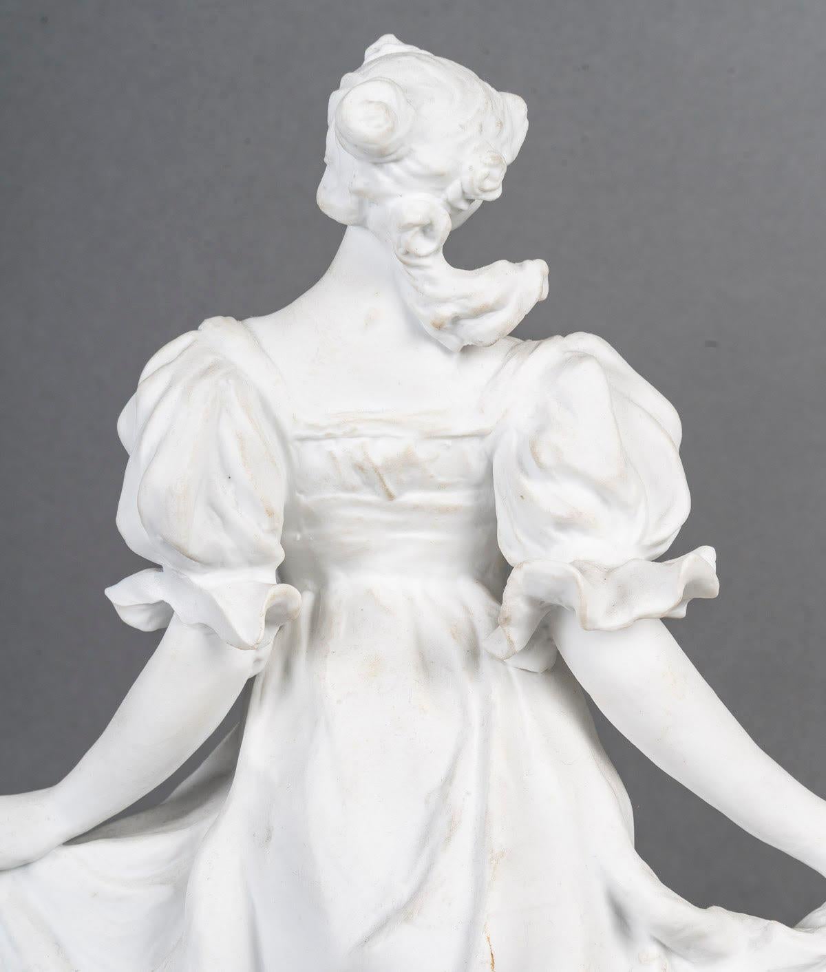 Pair of Biscuit Sculptures, 1900, on an Attractive Gilded Carved Wood Base. For Sale 1
