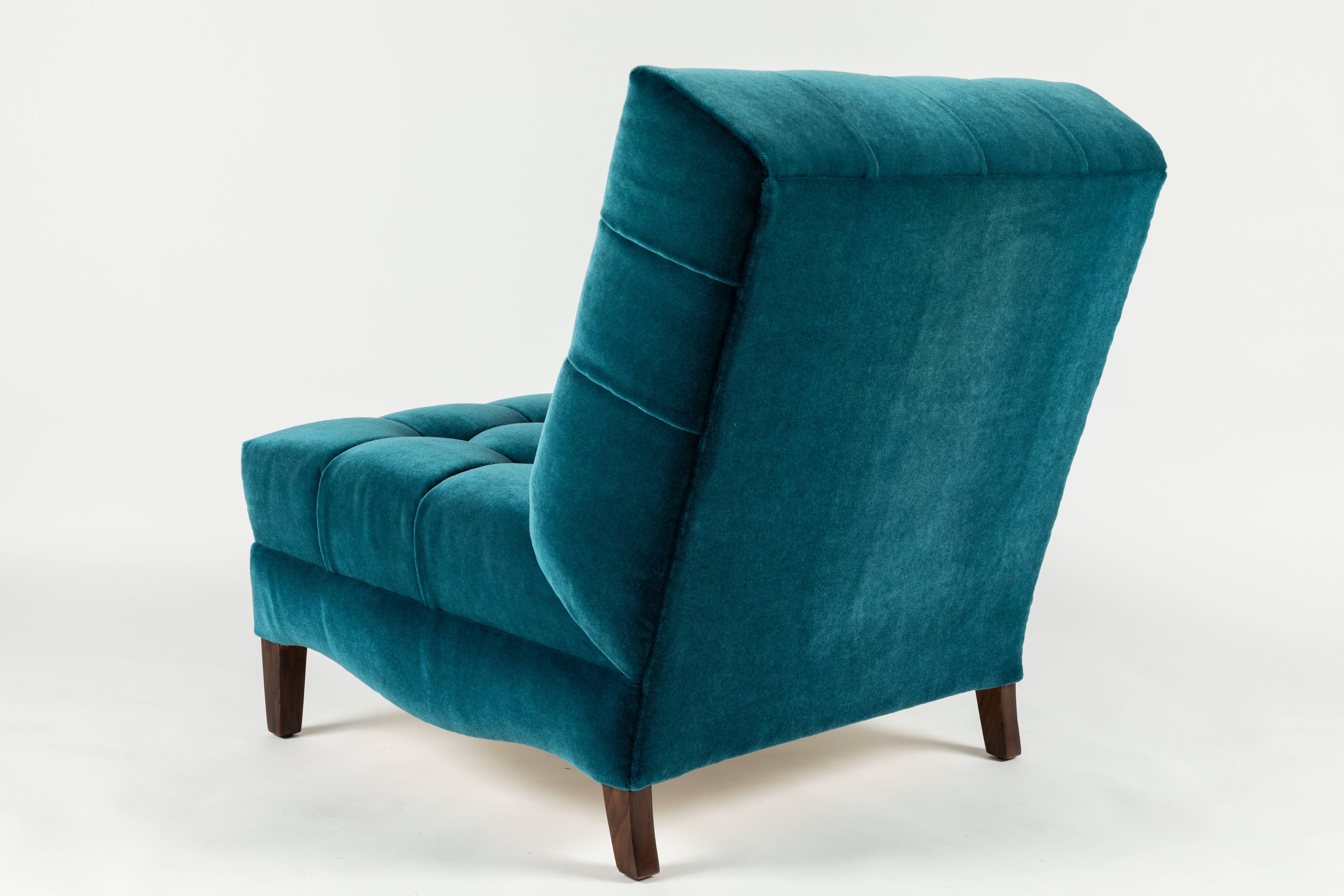 Pair of Biscuit-Tufted Slipper Chairs Covered in Teal Mohair 2