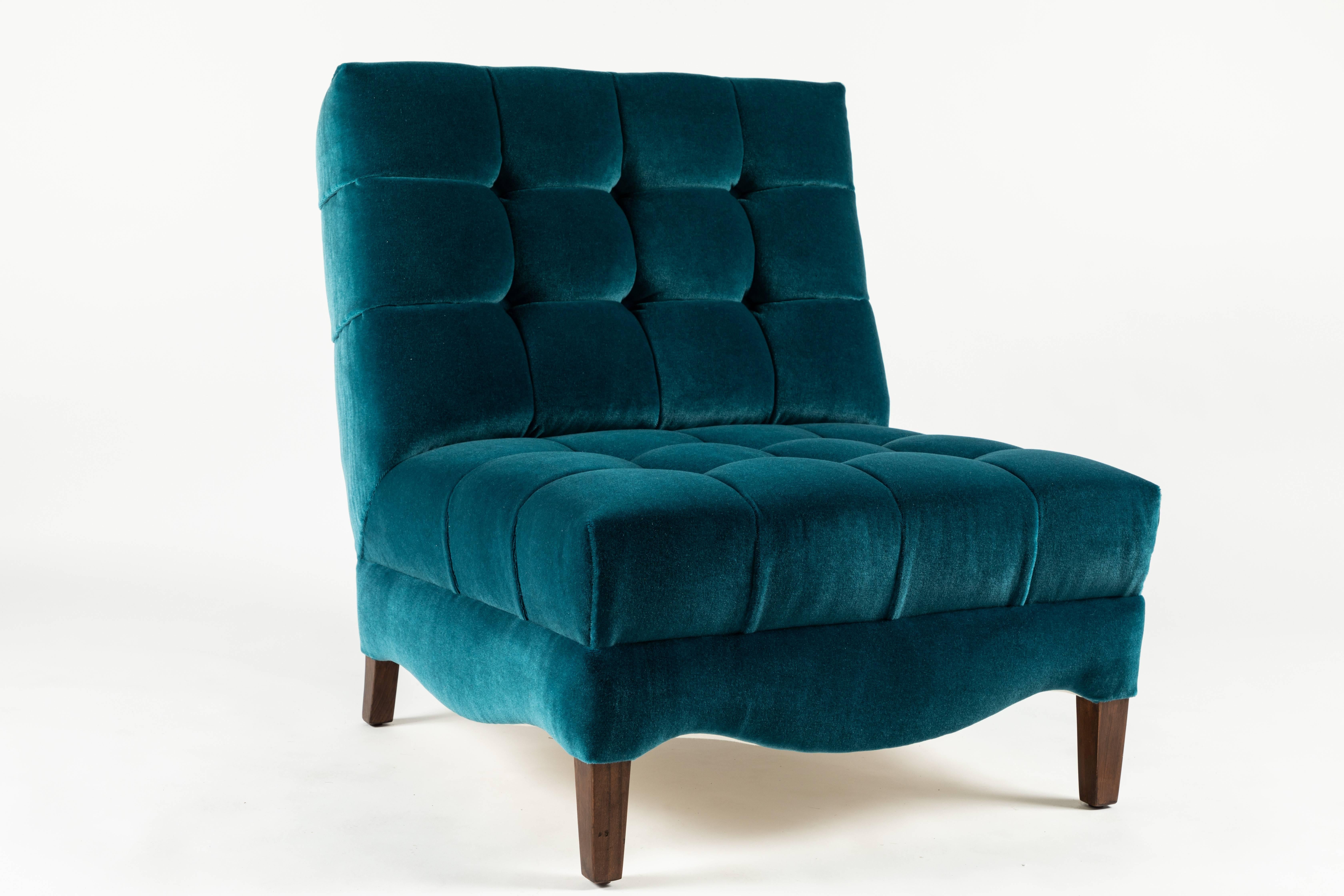 Pair of biscuit-tufted slipper chairs covered in teal mohair, 1940s.
