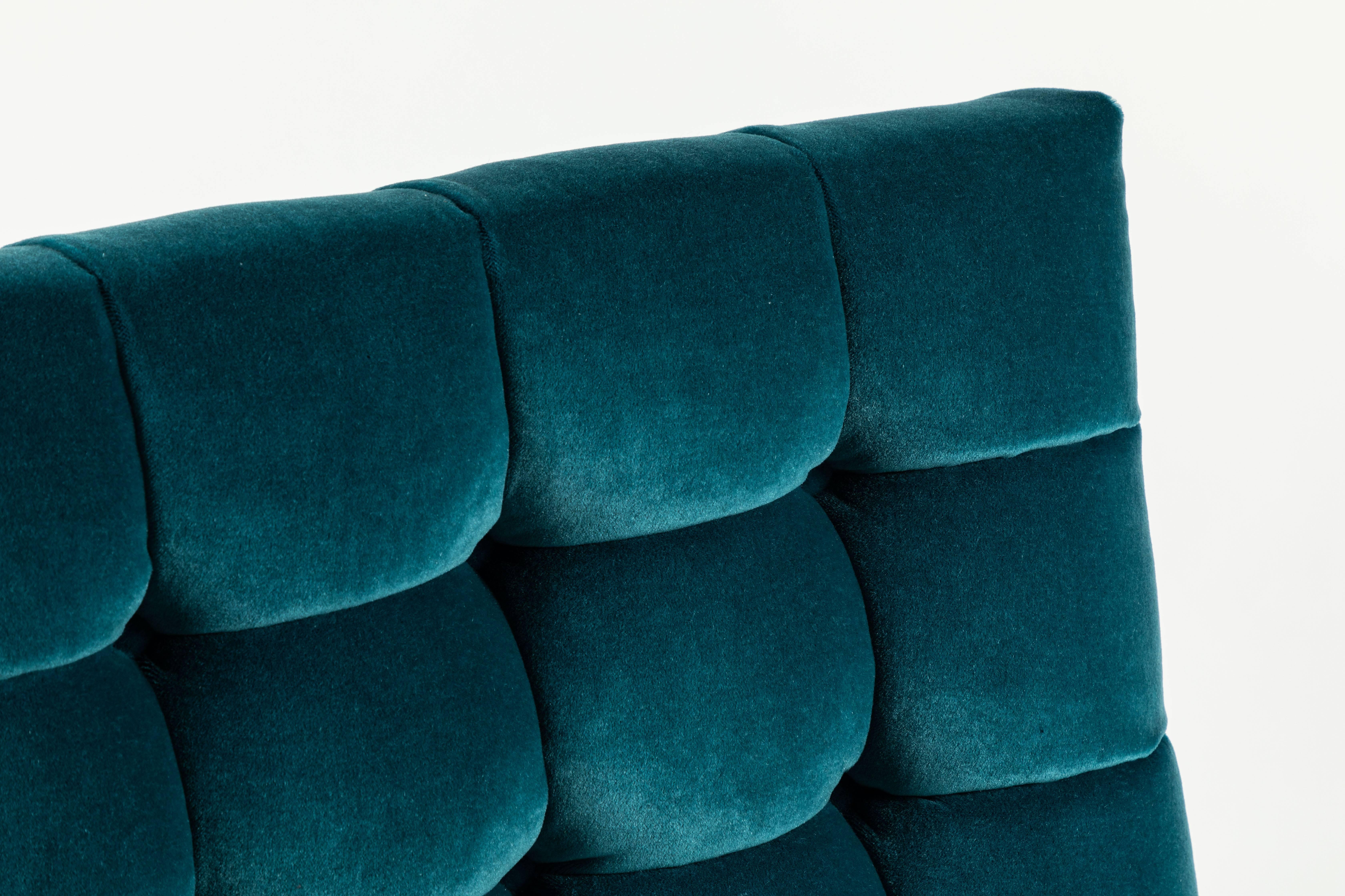 Mid-Century Modern Pair of Biscuit-Tufted Slipper Chairs Covered in Teal Mohair