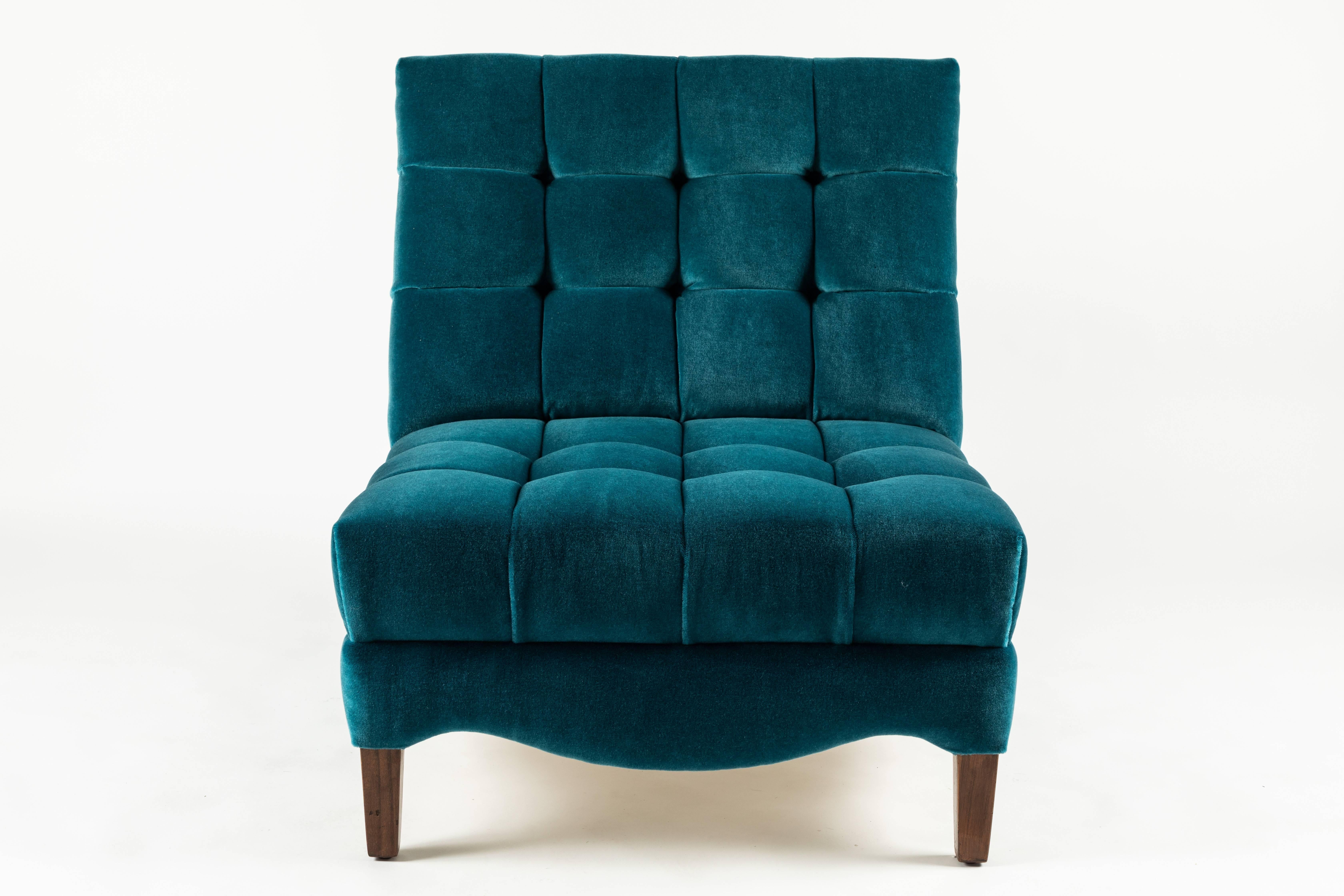 American Pair of Biscuit-Tufted Slipper Chairs Covered in Teal Mohair