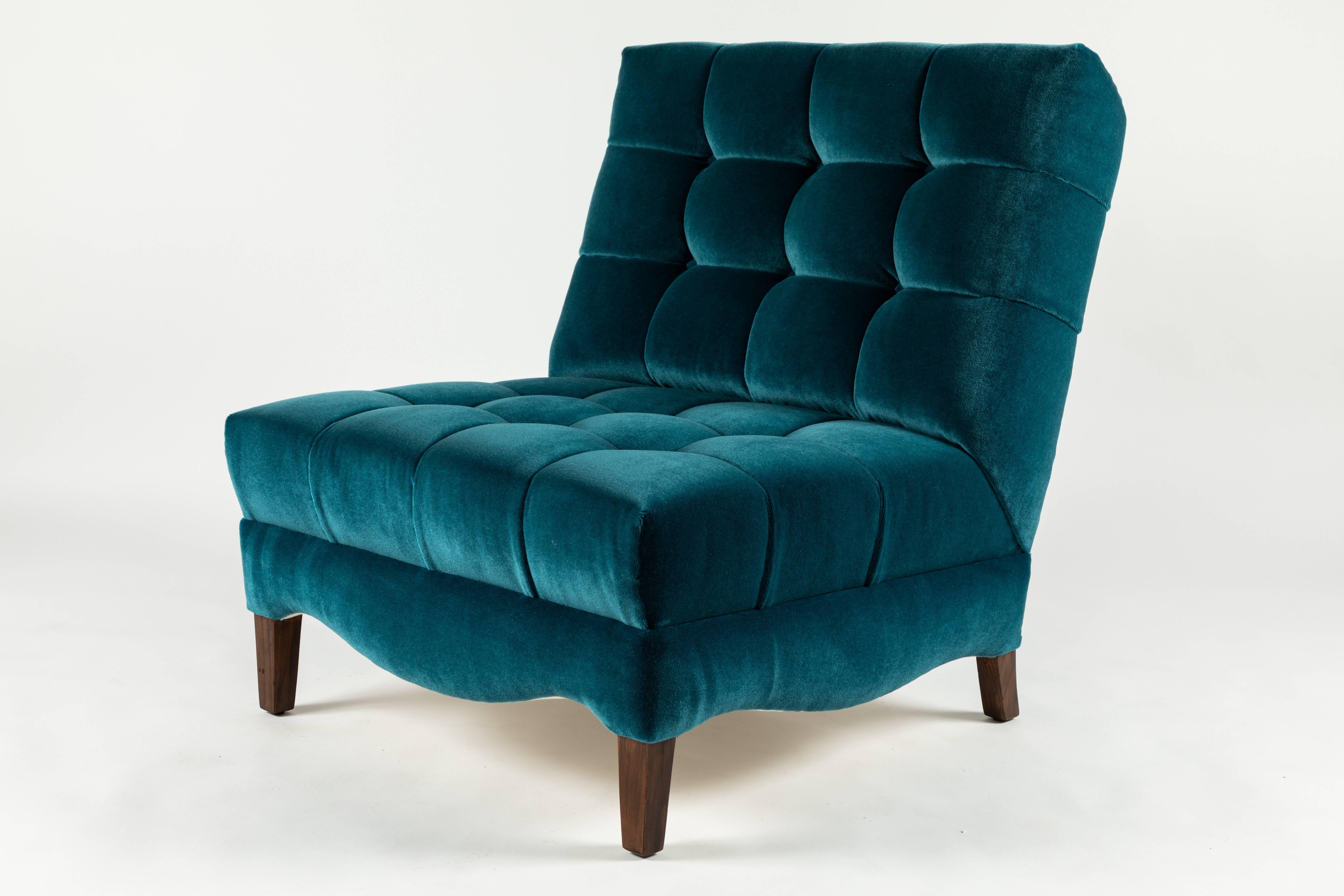 Polished Pair of Biscuit-Tufted Slipper Chairs Covered in Teal Mohair