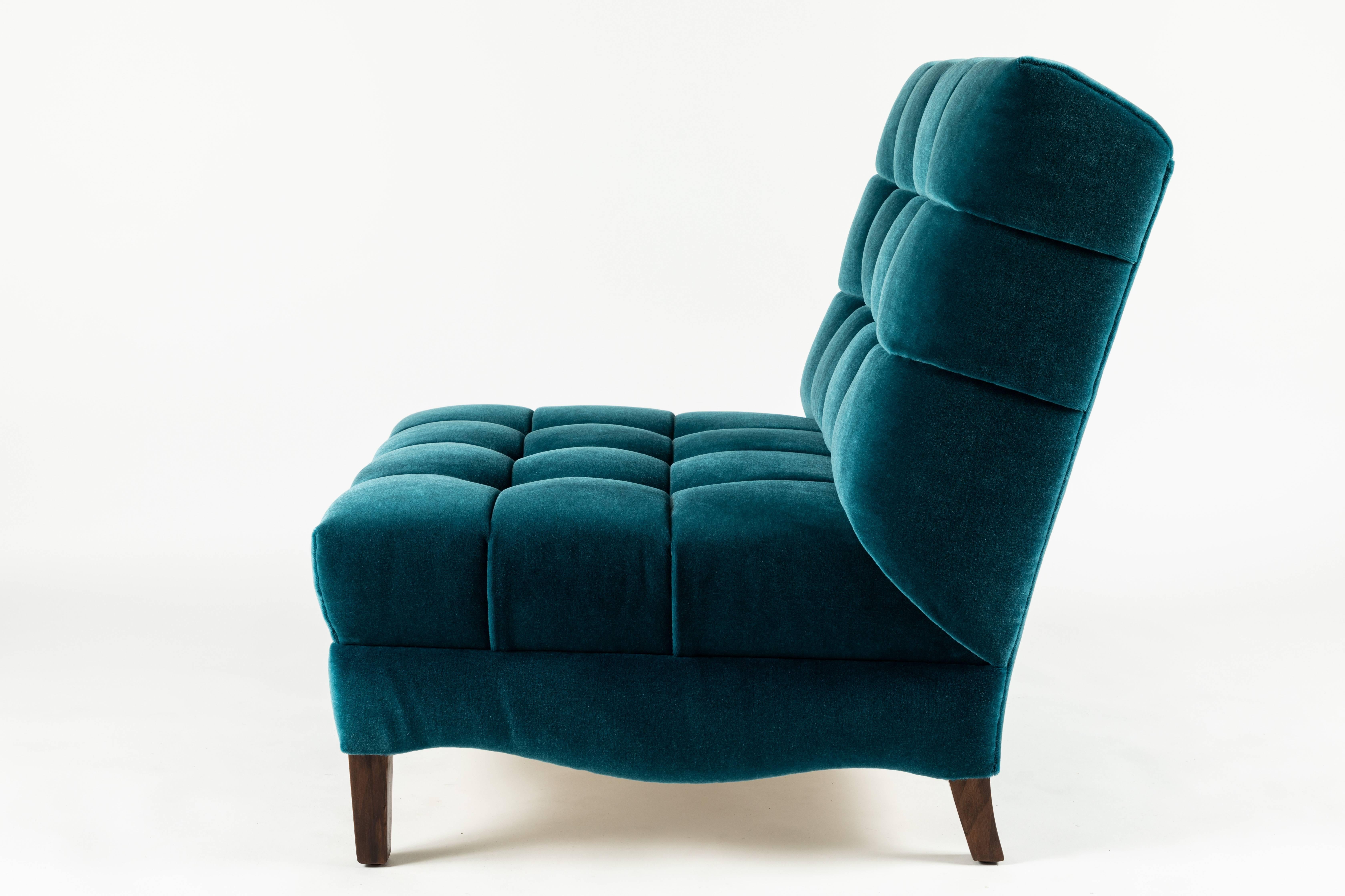 Pair of Biscuit-Tufted Slipper Chairs Covered in Teal Mohair In Excellent Condition In Palm Desert, CA
