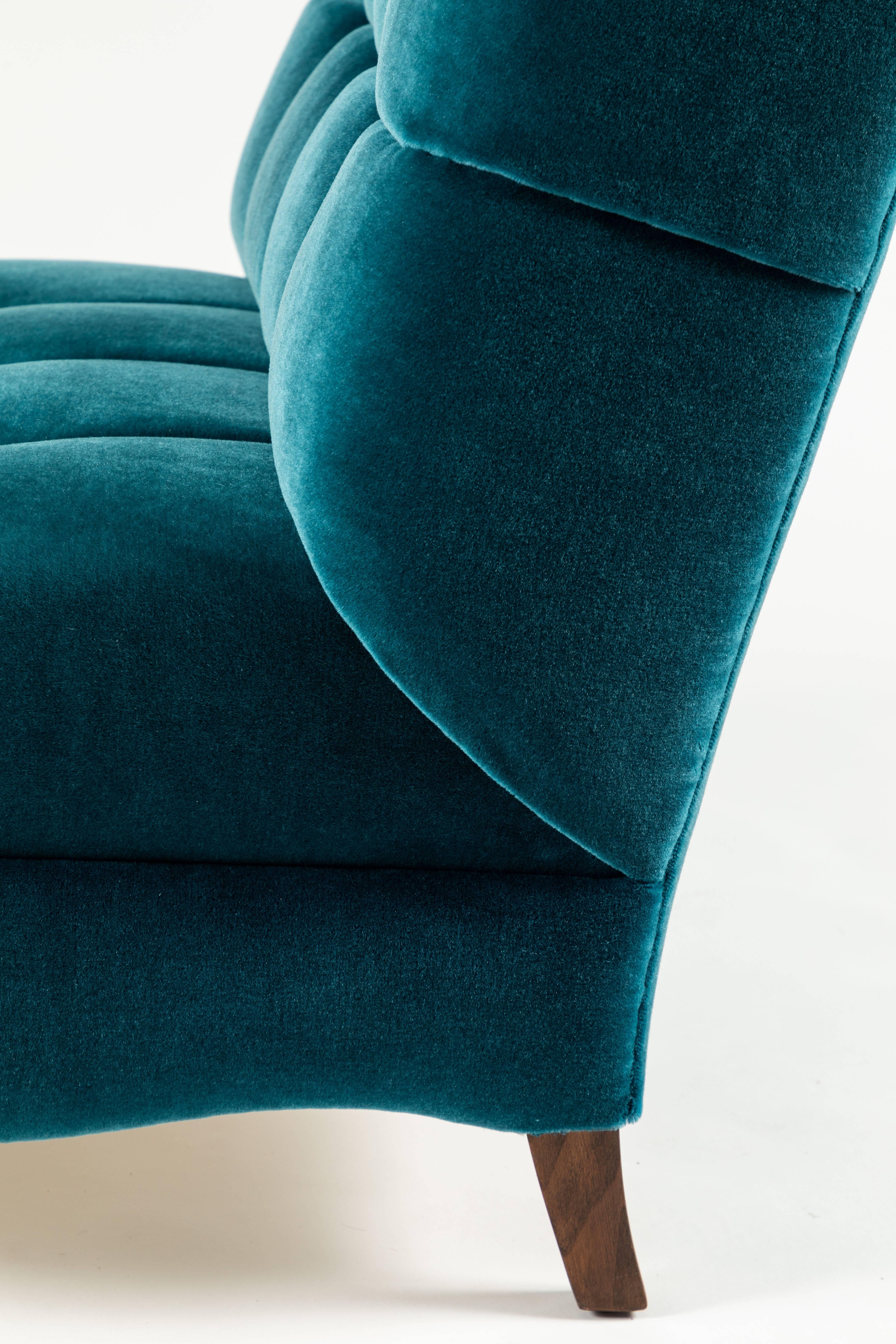 Pair of Biscuit-Tufted Slipper Chairs Covered in Teal Mohair 1