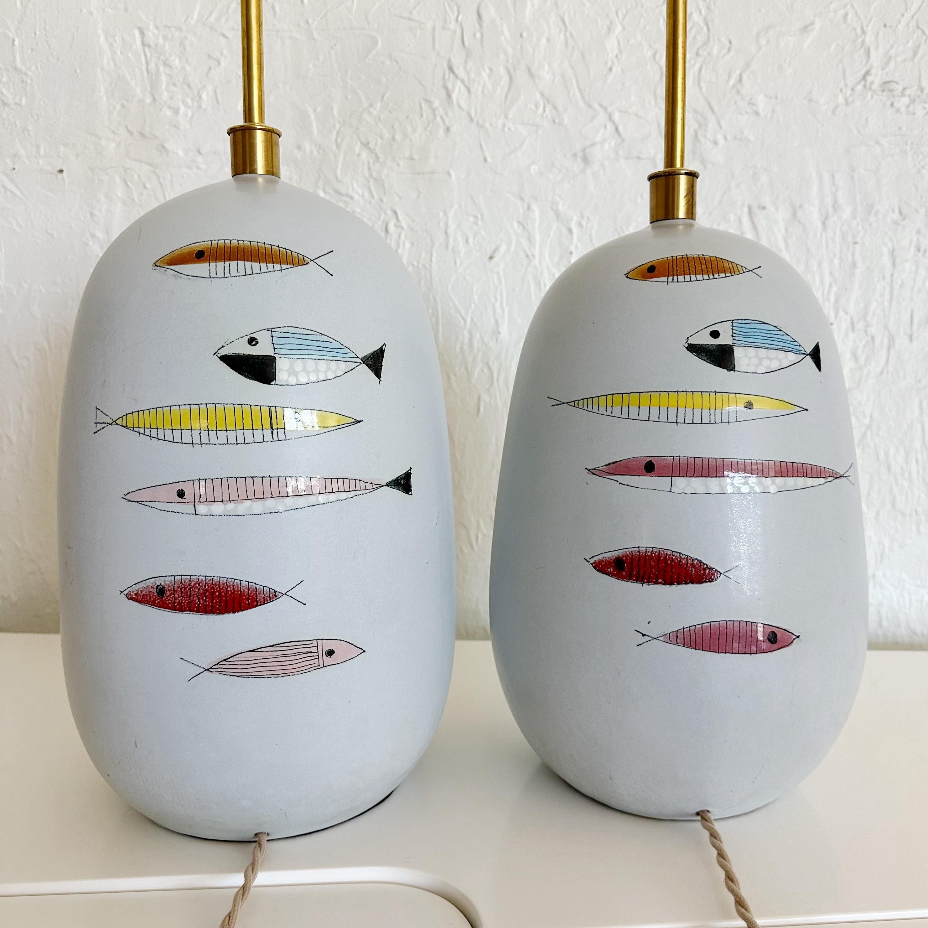 Mid-Century Modern Pair of Bitossi Ceramic Fish Lamps for Raymor, Italy, 1950s