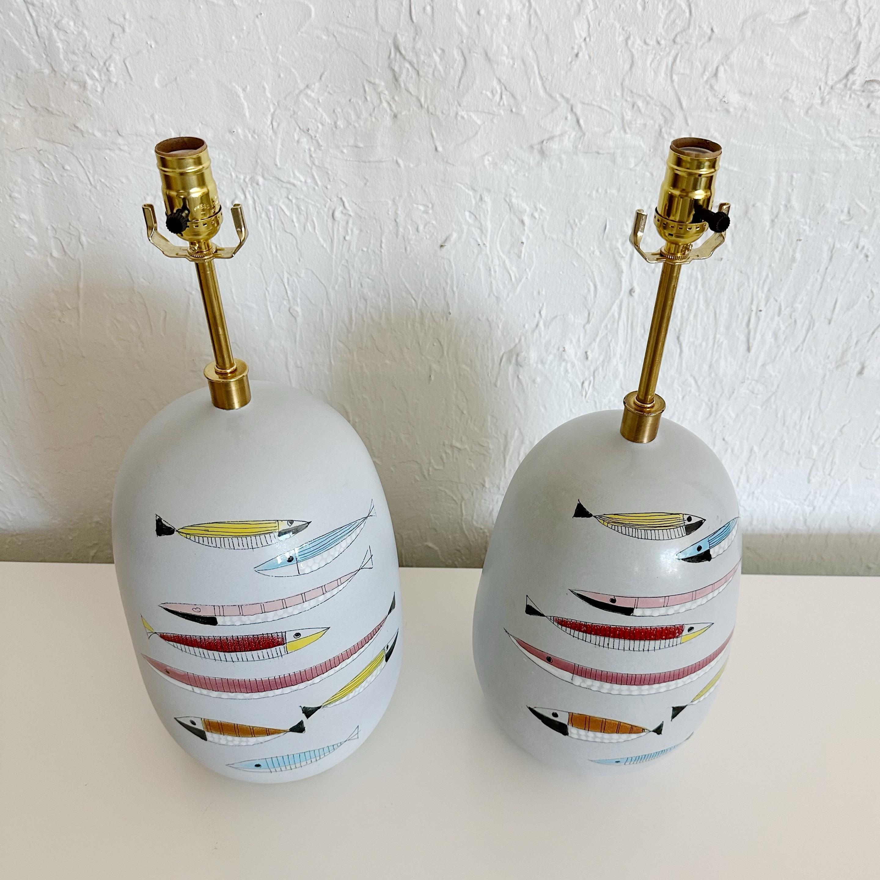 Mid-20th Century Pair of Bitossi Ceramic Fish Lamps for Raymor, Italy, 1950s