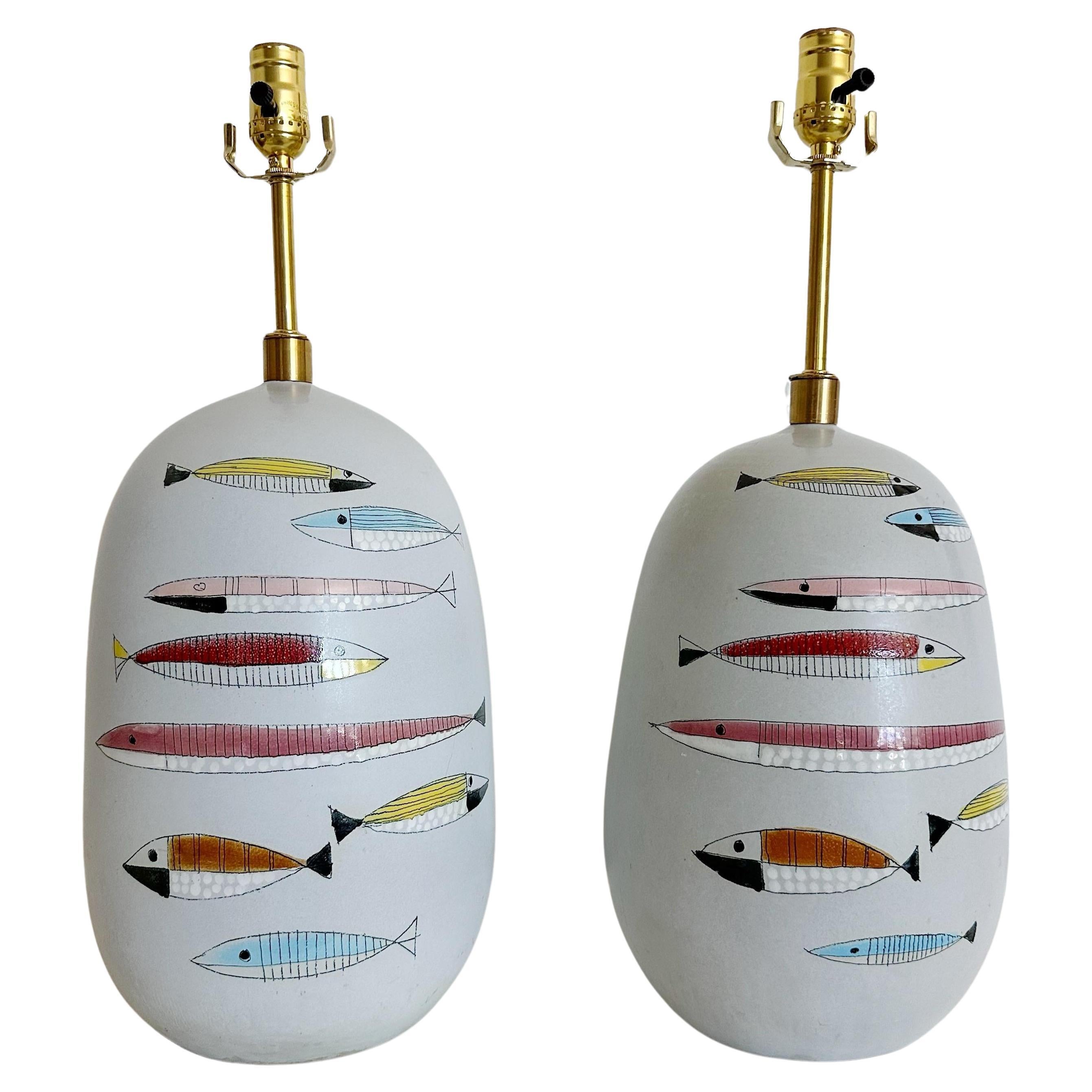 Pair of Bitossi Ceramic Fish Lamps for Raymor, Italy, 1950s