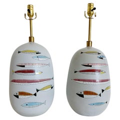 Retro Pair of Bitossi Ceramic Fish Lamps for Raymor, Italy, 1950s