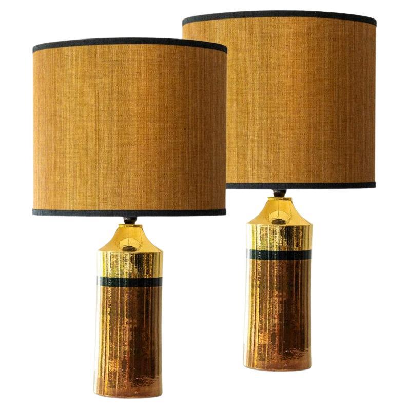 Pair of Bitossi Ceramic FLoor Table Lamps, Silk Lampshade by R. Houben For Sale