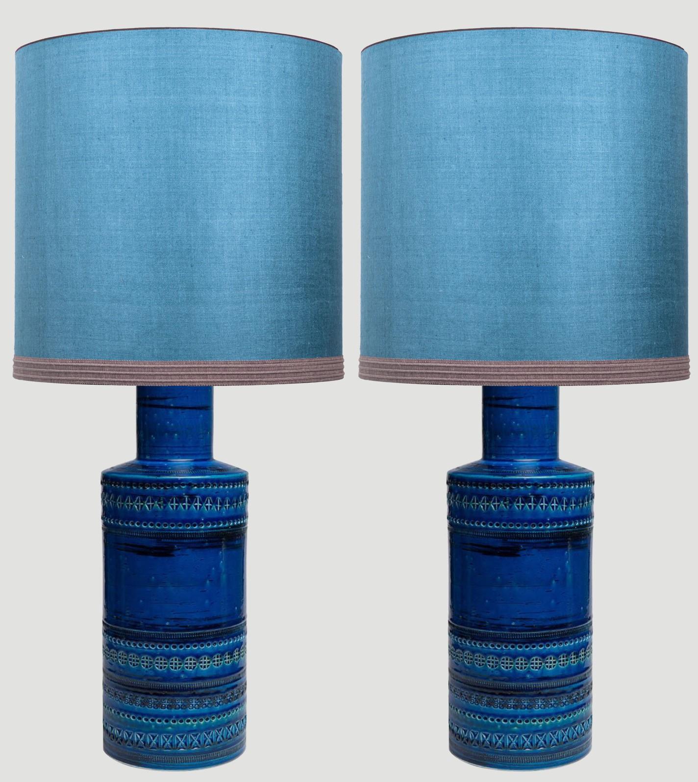 Italian Pair of Bitossi Ceramic Table Lamp with New Silk Custom Made Lampshade