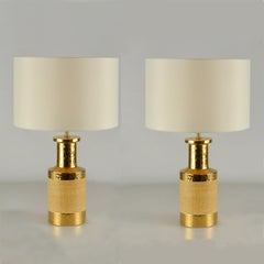 Pair of Italian Bitossi Ceramic Cylinder Table Lamps with Gold Detailing, 1970s