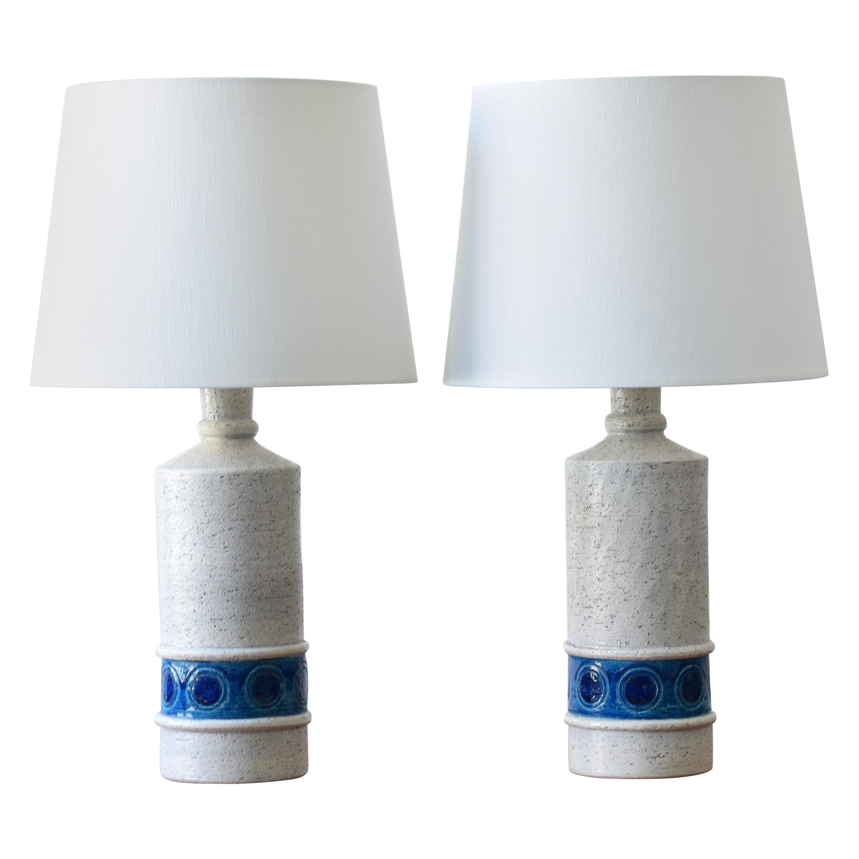 Pair of Bitossi Italy Tall Ceramic Table Lamps White and Blue with Lampshades