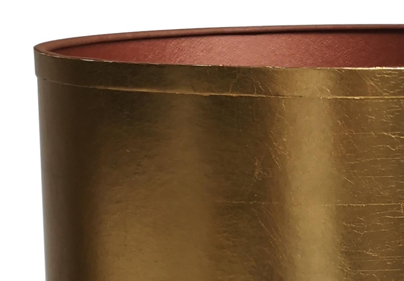 Pair of this Bitossi lamp features a ceramic base with a bronze glaze in the middle and bands of shiny metallic gold glaze at the top and bottom. Bitossi, Italy, circa 1960s. With an exceptional new custom made shades by René Houben. With warm brown