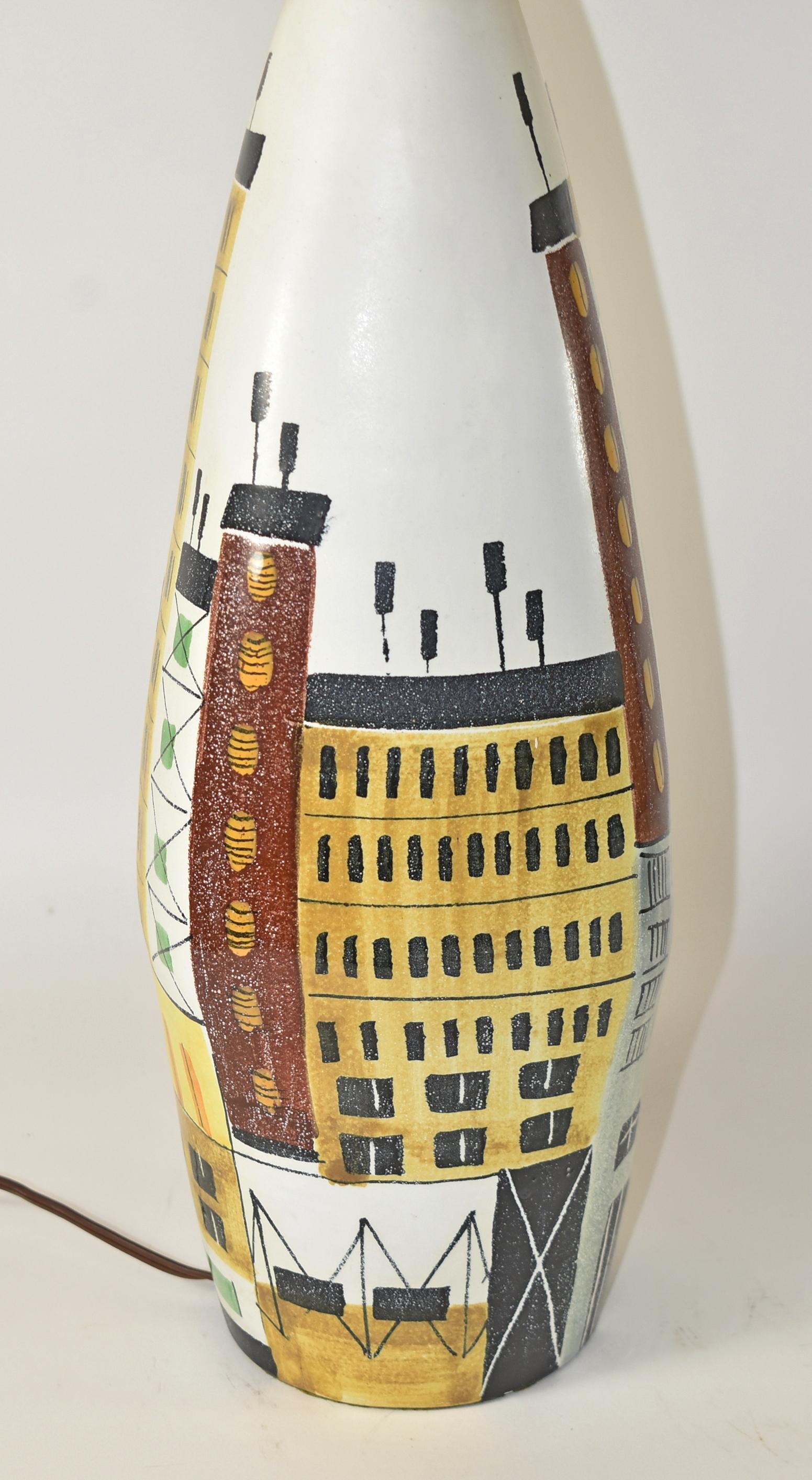 Pair of Bitossi Raymor Italian Cityscape Ceramic Table Lamps In Good Condition In Toledo, OH