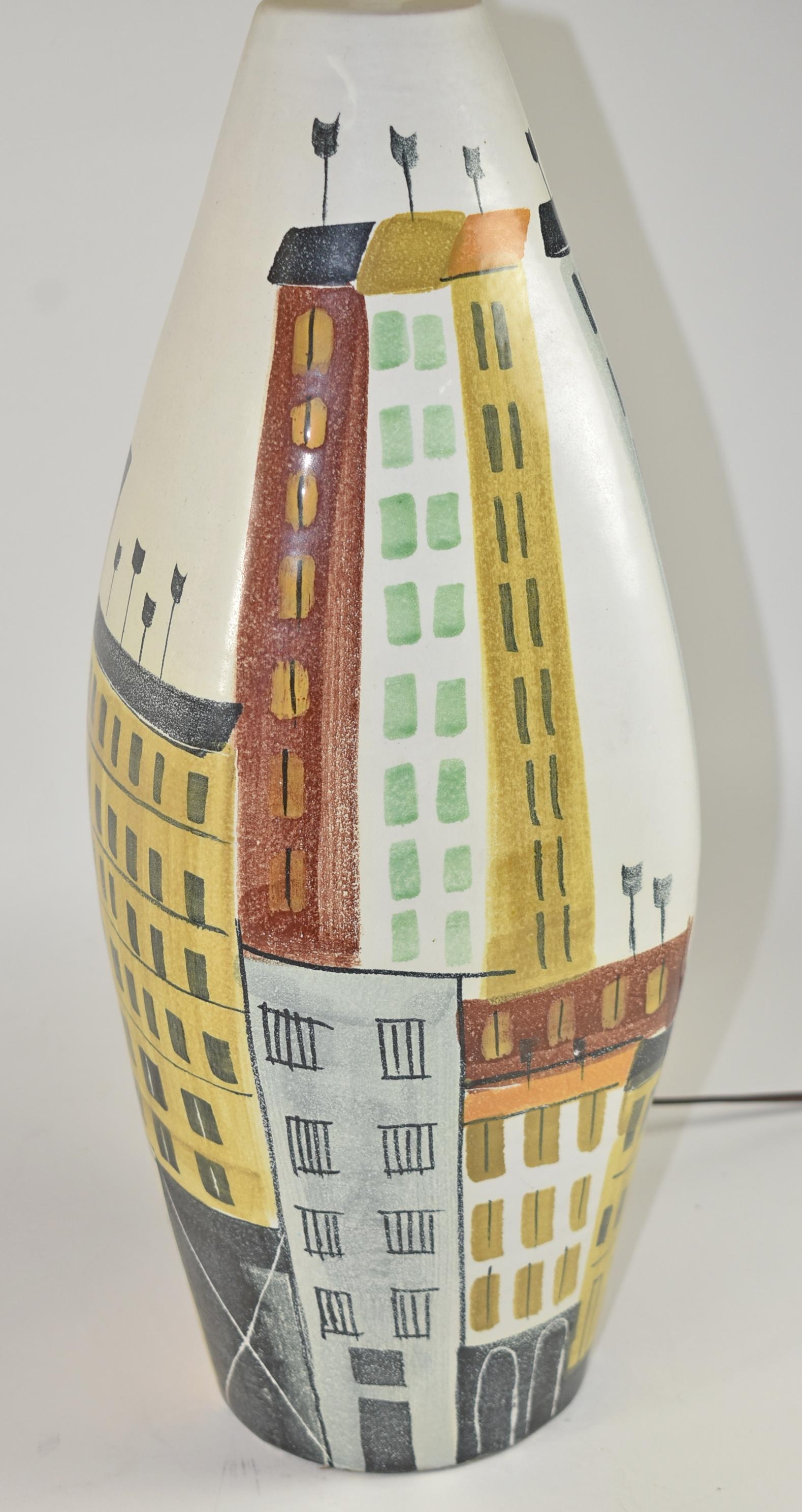 Mid-20th Century Pair of Bitossi Raymor Italian Cityscape Ceramic Table Lamps