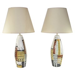 Pair of Bitossi Raymor Italian Cityscape Ceramic Table Lamps