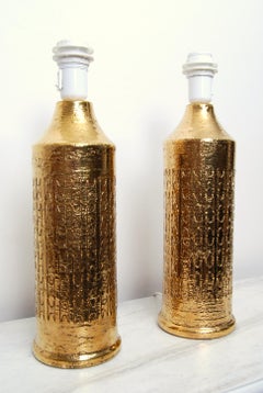 Pair of Bitossi Table Lamps by Aldo Londi, Gold Glazed Ceramic, Signed