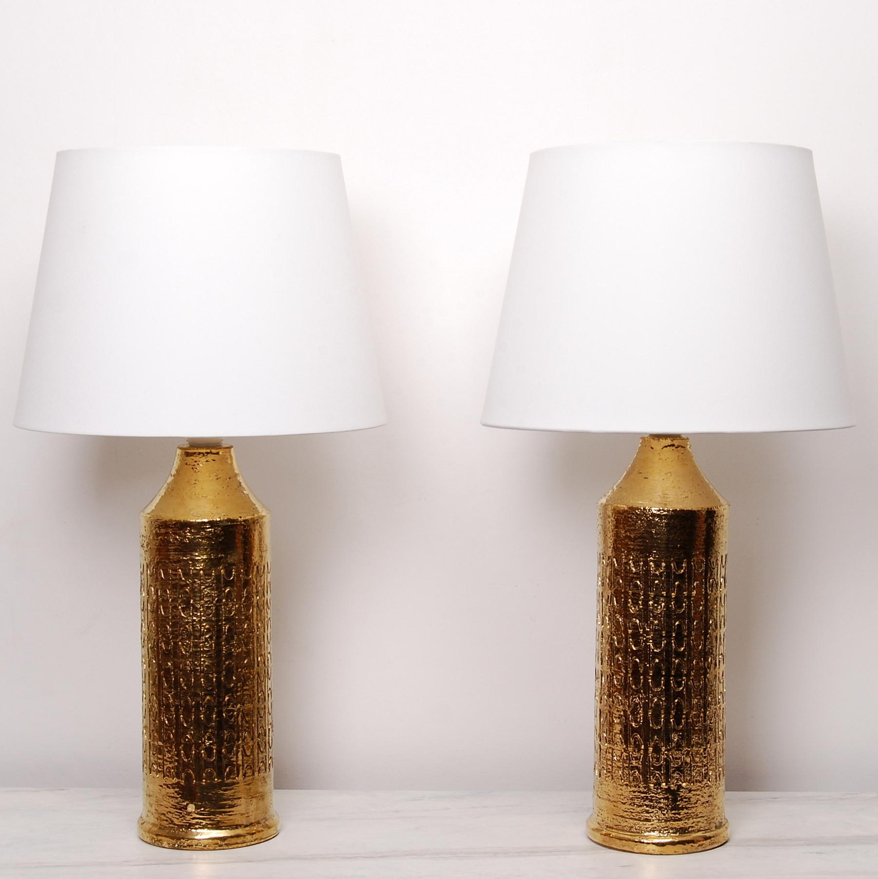 Italian Pair of Bitossi Table Lamps by Aldo Londi, Gold Glazed Ceramic, Signed