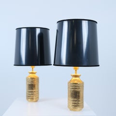 Pair of Bitossi Table Lamps in Gold Ceramic, Brass and Black, Stockmann 1960s