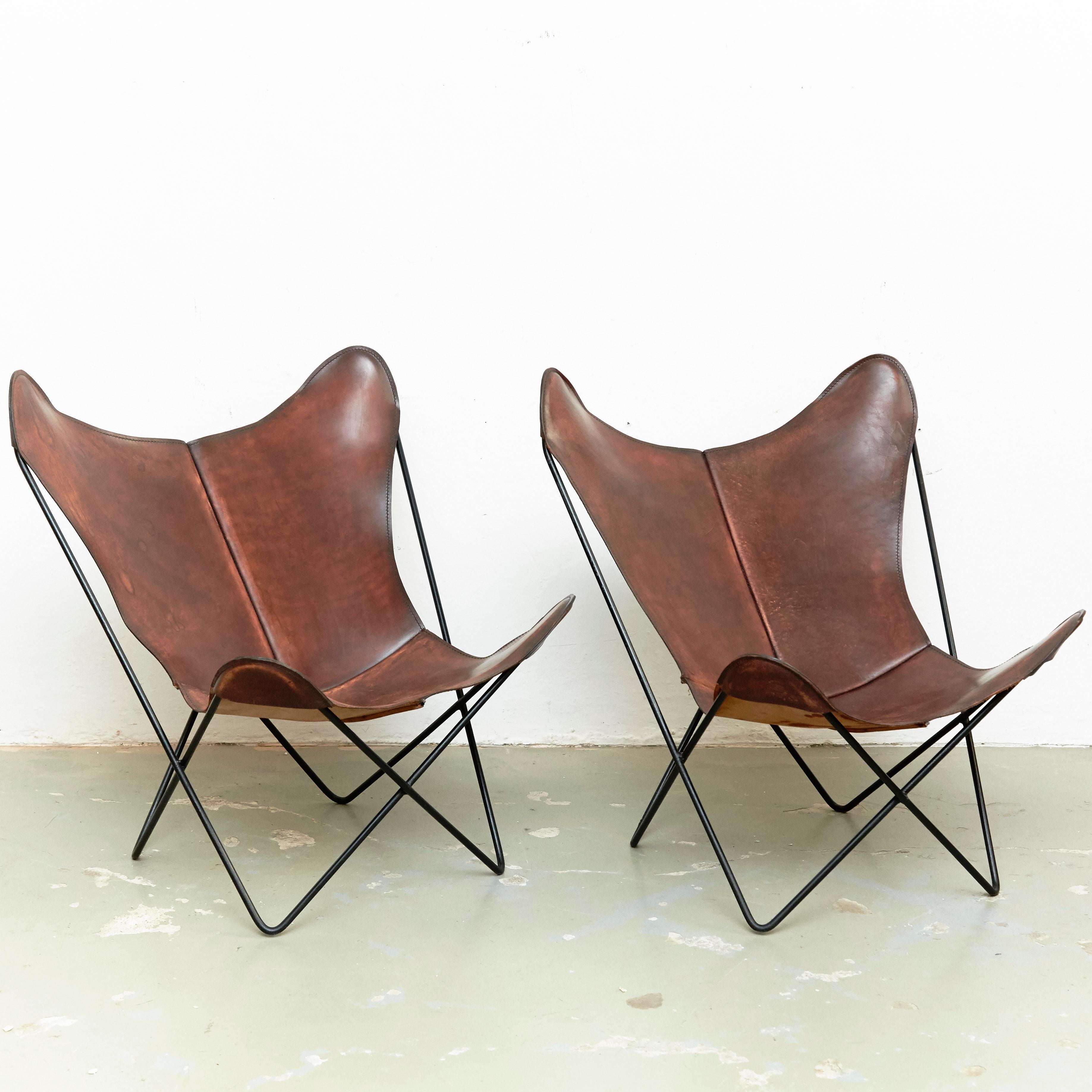 Mid-Century Modern Pair of Bkf Butterfly Lounge Leather Chairs, circa 1980