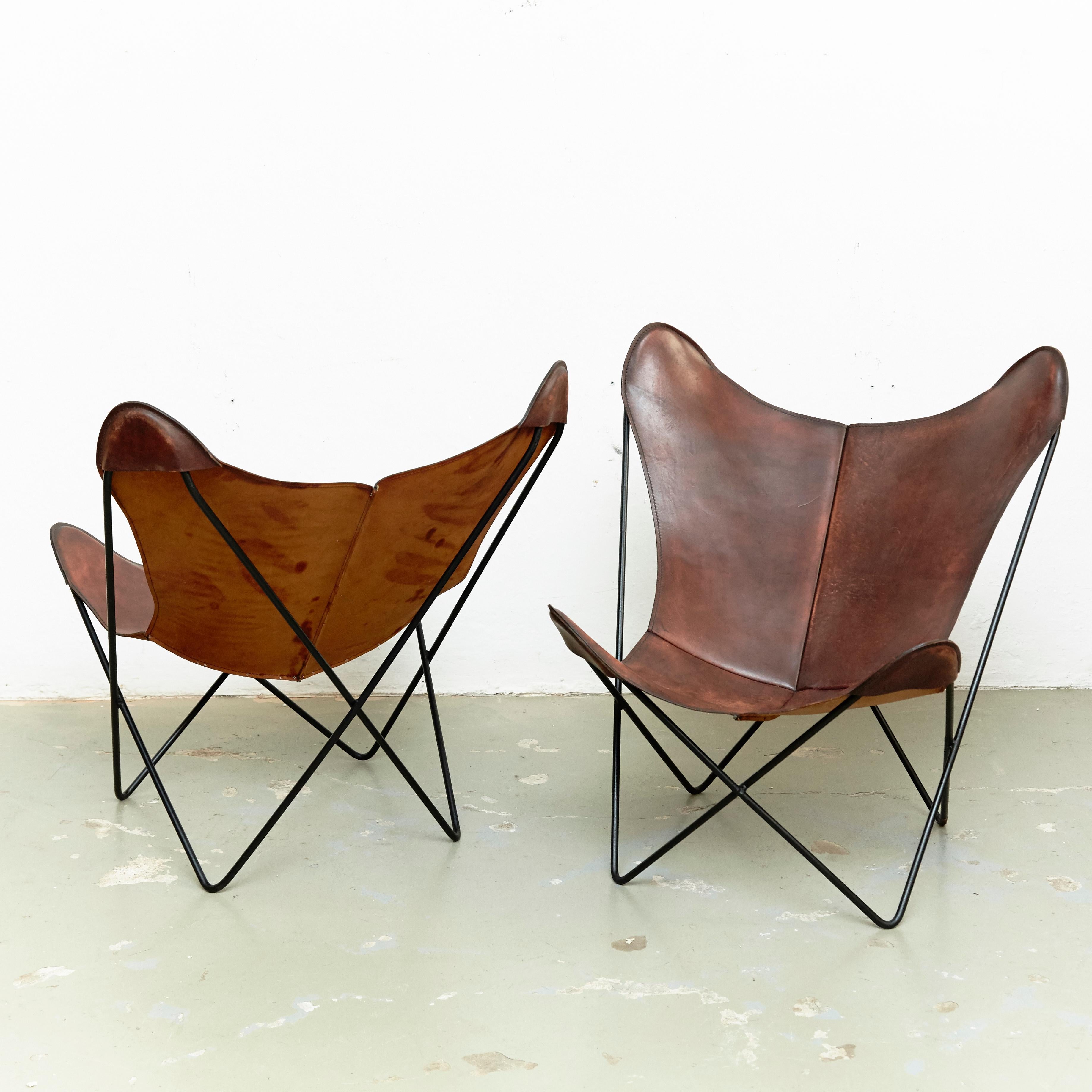 Spanish Pair of Bkf Butterfly Lounge Leather Chairs, circa 1980