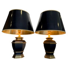 Pair of Black 1970s Lacquer and Brass Lamps with Orignal Black and Gold Shades
