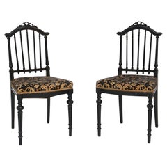 Antique Pair Of Black 19th Century Side Chairs, Original Upholstery - FR ca. 1870
