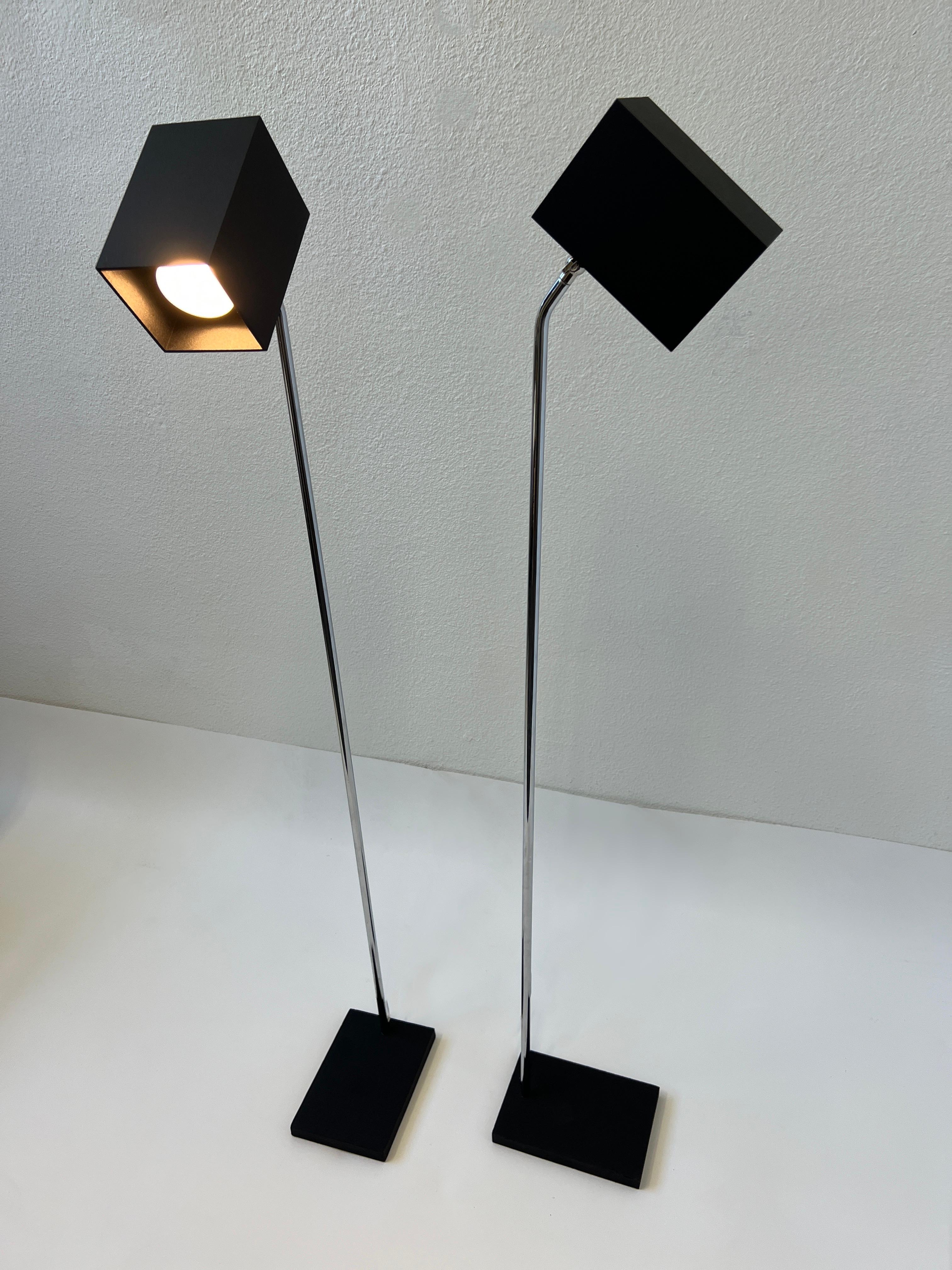 American Pair of Black and Chrome Floor Lamps by Kovacs